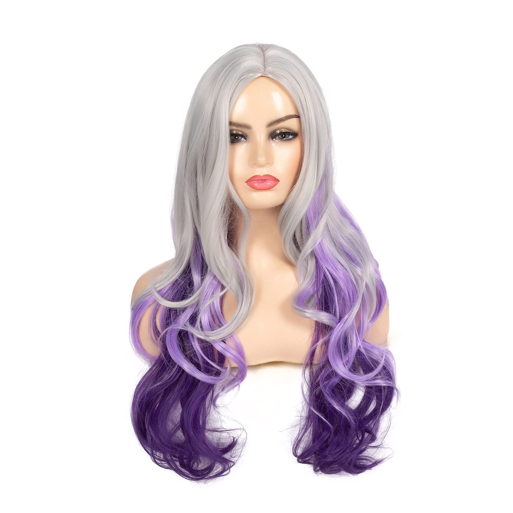 Beweig Long Curly Wavy Silver Grey To Purple Wig Side Part Natural Looking Synthetic Cosplay Wig For Women