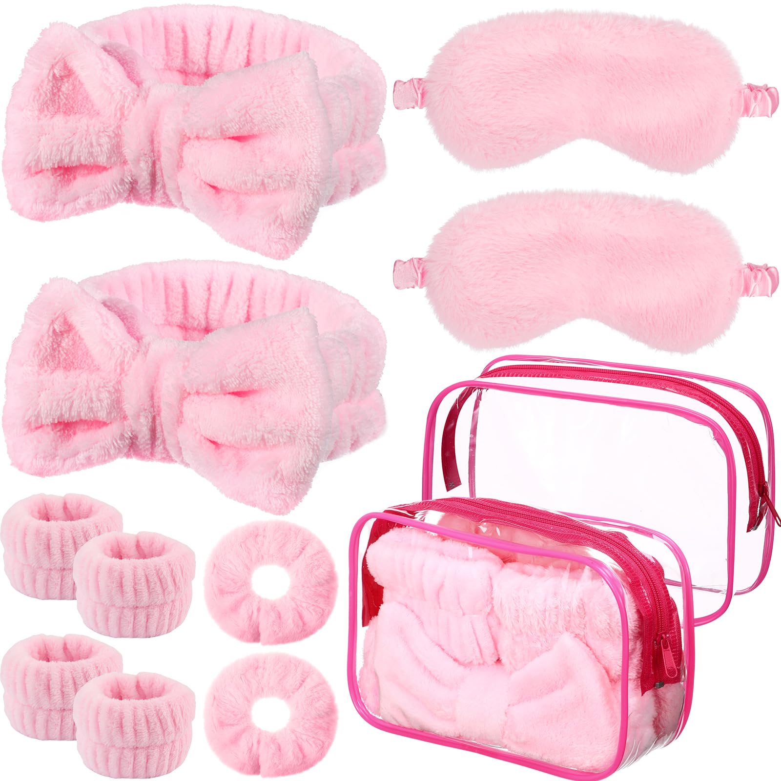 Hoteam 10 Pieces Spa Sleepover Party Supplies 2 Pink Spa Headband 2 Wristbands 2 Plush Sleep Eye Mask 2 Velvet Scrunchies 2 Clea
