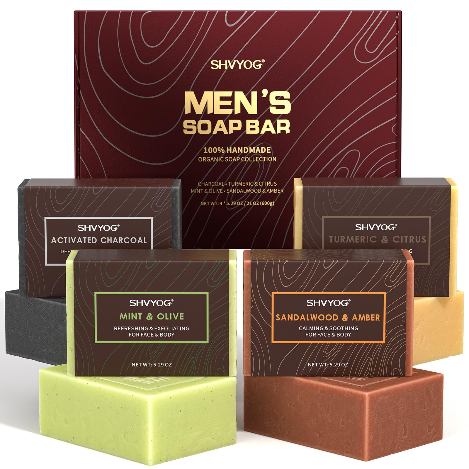SHVYOG Mens Soap, 4 Pack Mens Bar Soap, Gift for Men Natural Cold Pressed Handmade Exfoliating Soap, Deep Cleansing, Moisturizin