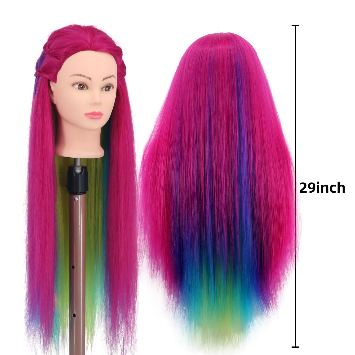Eumos 29'' Mannequin Head with Hair, Synthetic, Rose Red Series, Braiding & Styling Model with Clamp Holder