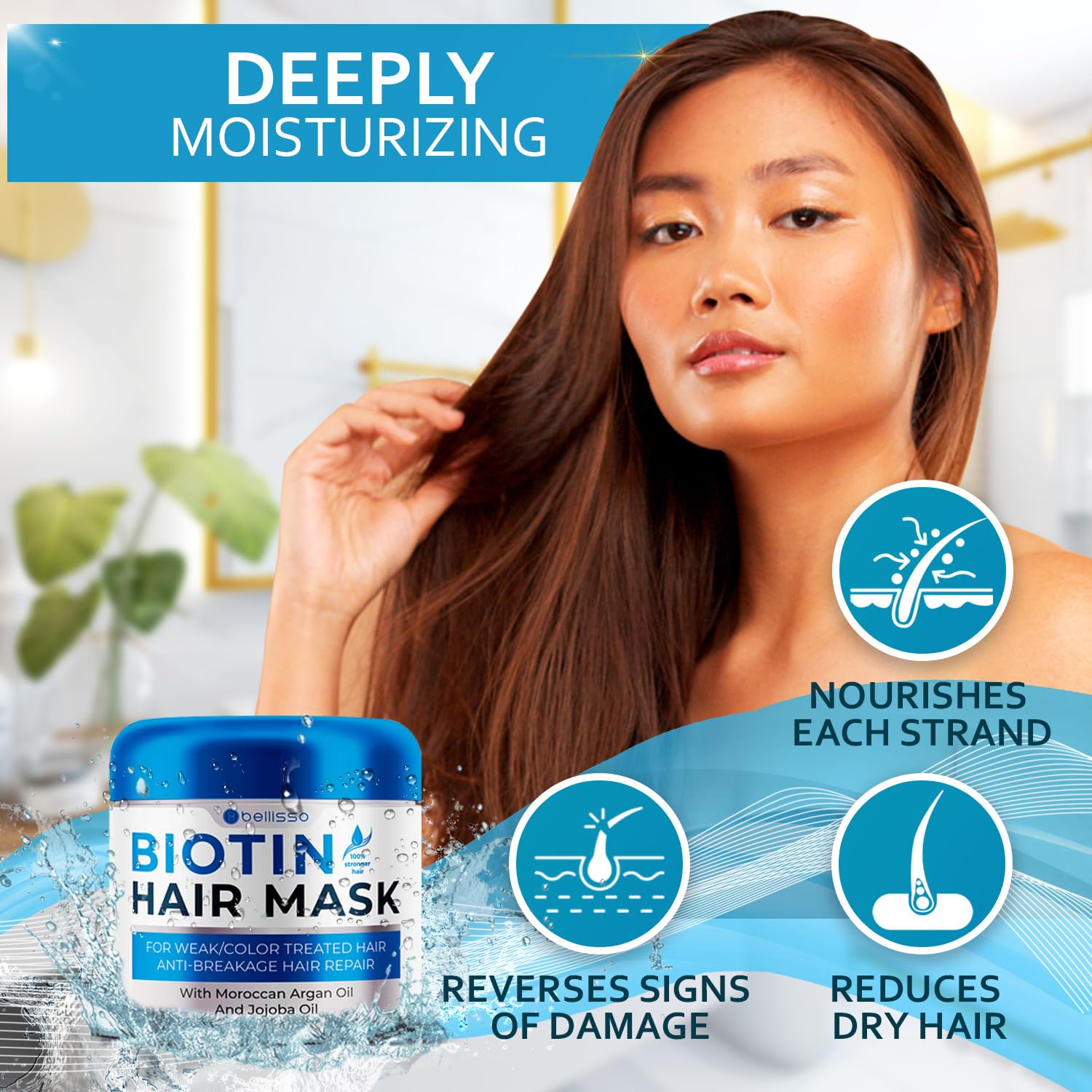 BELLISSO Biotin Hair Mask - 8.45 Fl Oz, Deep Conditioner for Dry Hair, Hydrating Repair Treatment, Sulfate & Paraben Free
