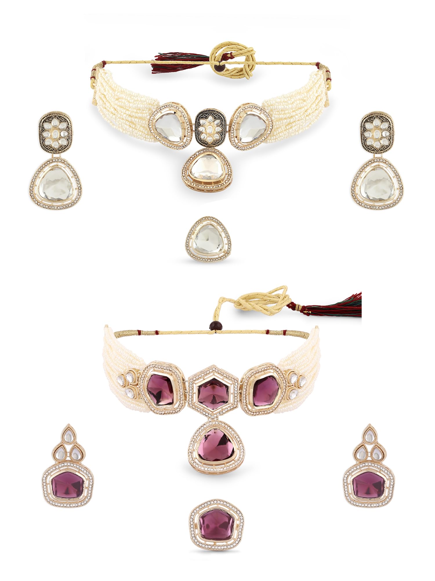 Zaveri Pearls Combo Of 2 Purple Color Stones Multistrand Pearls Choker Necklaces Earrings & Rings Set For WomenZpfk21402