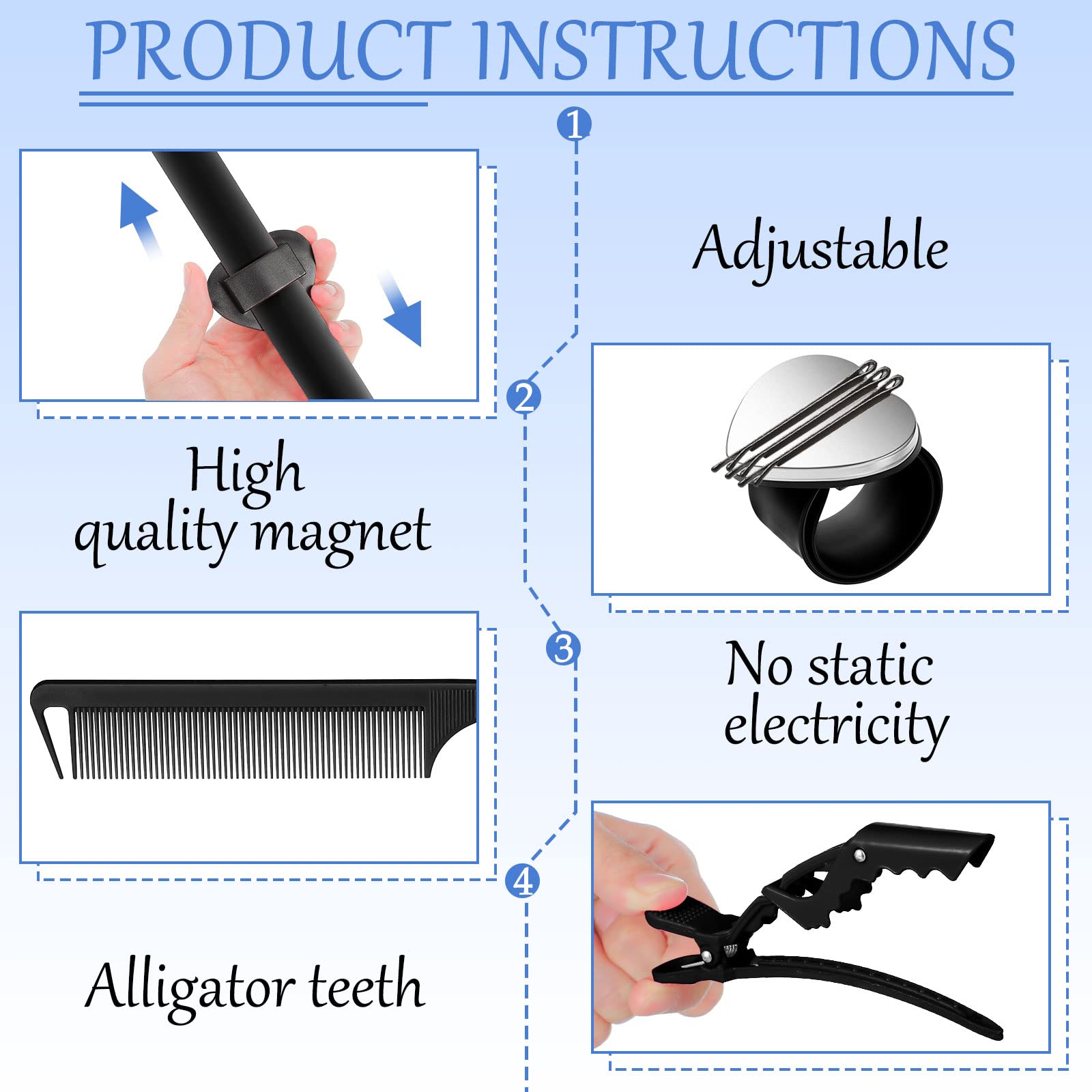 Nuenen Hair Braiding Tools 7 Pieces Kit, Includes 1 Magnetic Pin Wristband, 2 Stainless Steel Rat Tail Combs, 4 Wide Teeth Allig