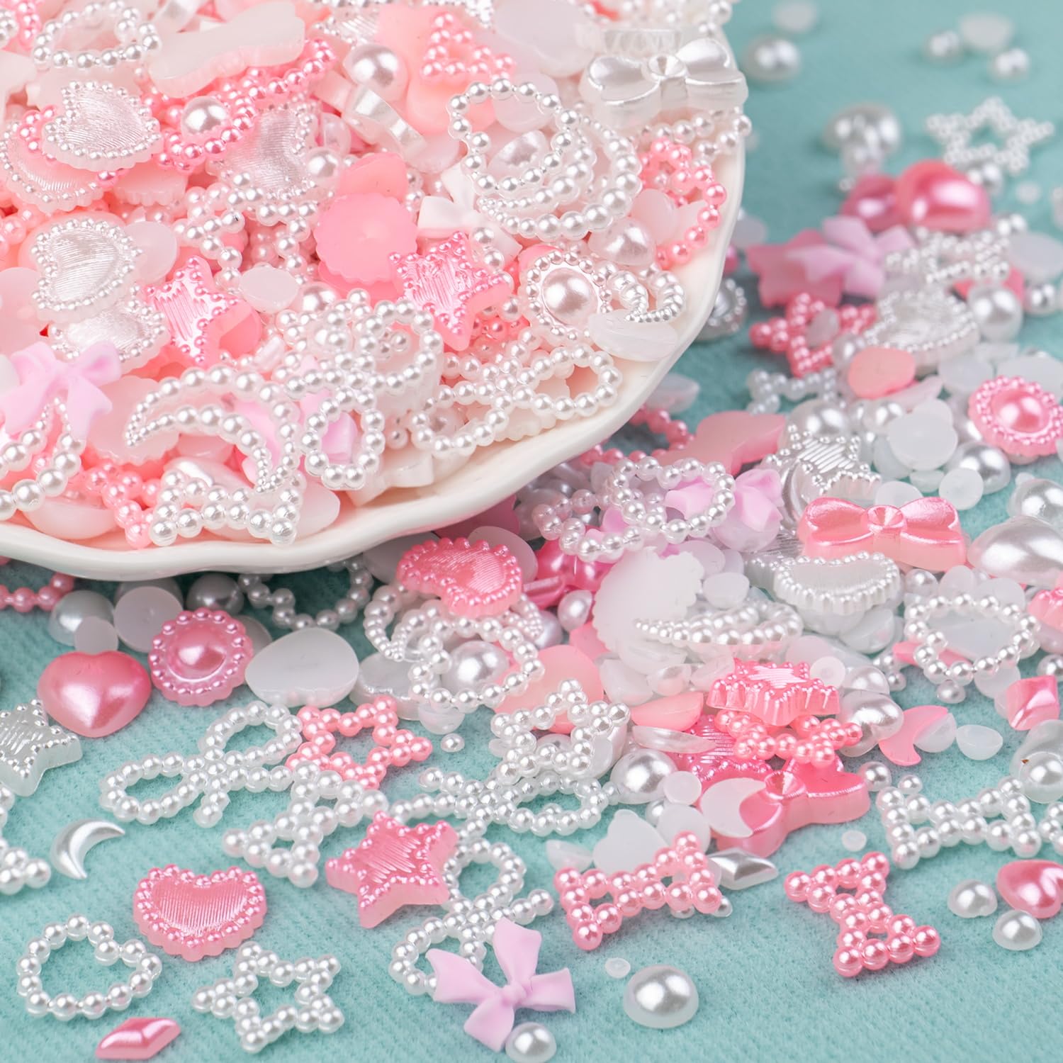 1200Pcs 3D Multi Shapes Nail Charms and Flatback Pearls, White&Pink Mix Styles Heart Star Bow Sunflower Embellishments for Nail