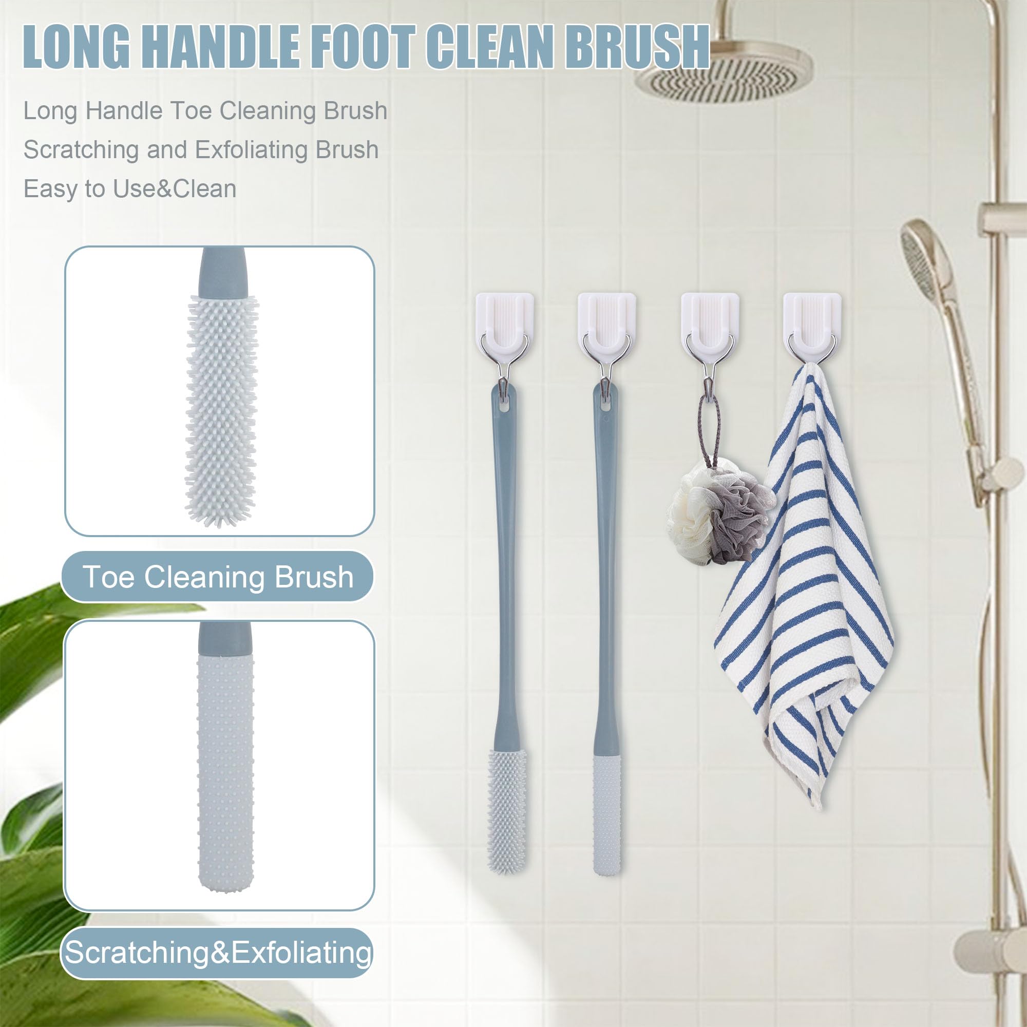 Owiizi Toe Cleaning Brush 15.7'' Foot Scrubber In Shower With Long Handle Silicone Foot Brush Soft Skin Exfoliation Lotion Appli