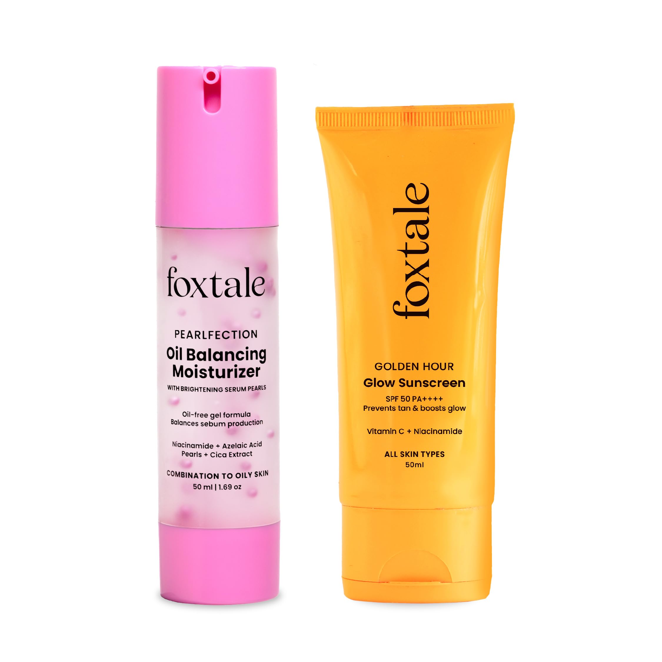 Foxtale Glow & Balance Duo | Oil Balancing Moisturizer + Spf 50 Glow Sunscreen | Controls Oil, Hydrates, Repairs Skin Barrier & 