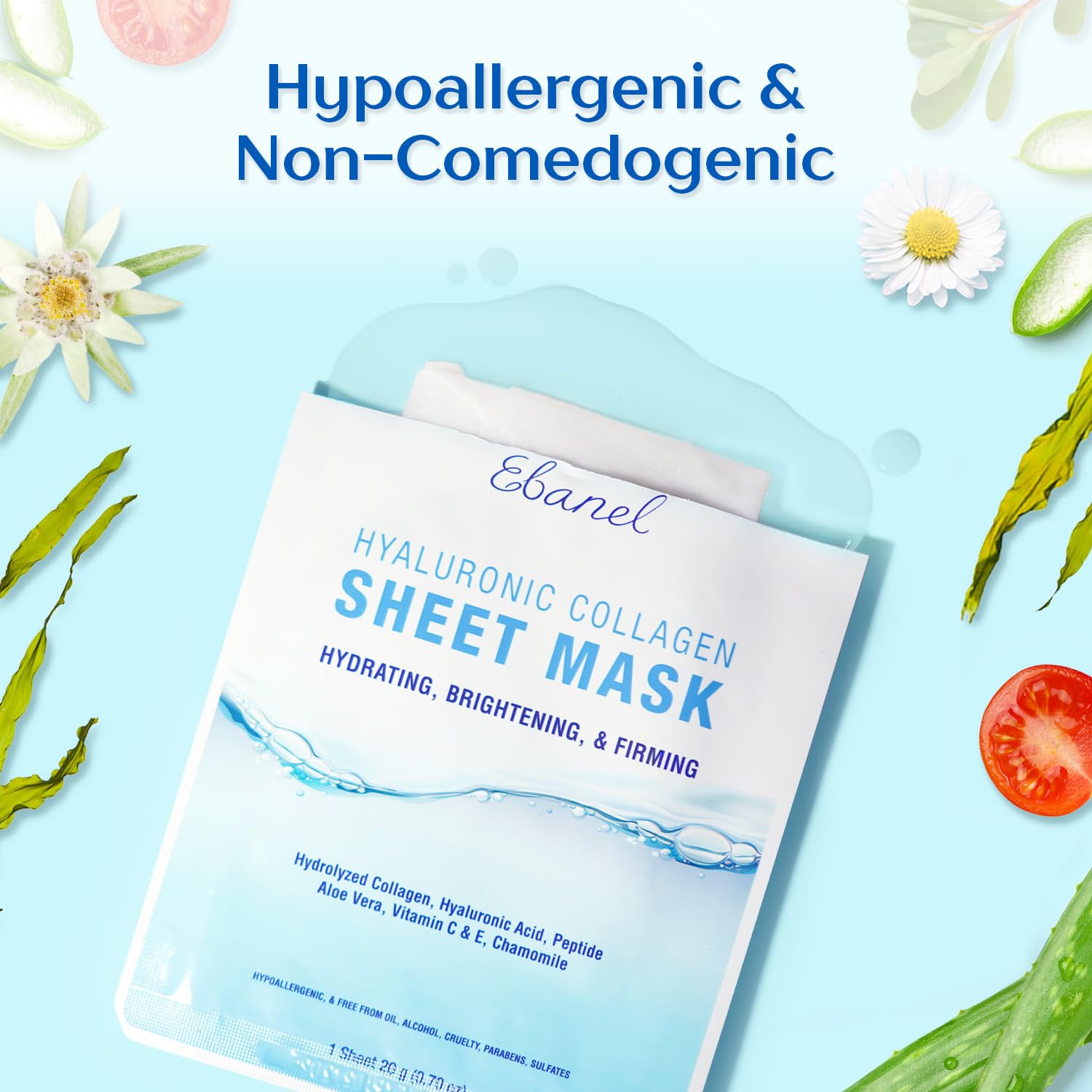 Ebanel Collagen Peptide Face Masks, 10 Pack Hydrating Anti-Aging Masks with Hyaluronic Acid & Vitamin C, Stem Cell Mask