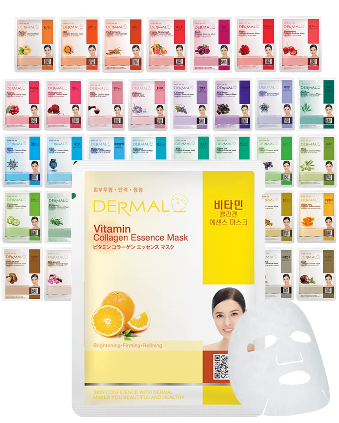 Dermal 26 Combo Pack Collagen Essence Korean Face Mask (Red & Green) - Hydrating & Soothing Facial Mask With Panthenol - Hypoall