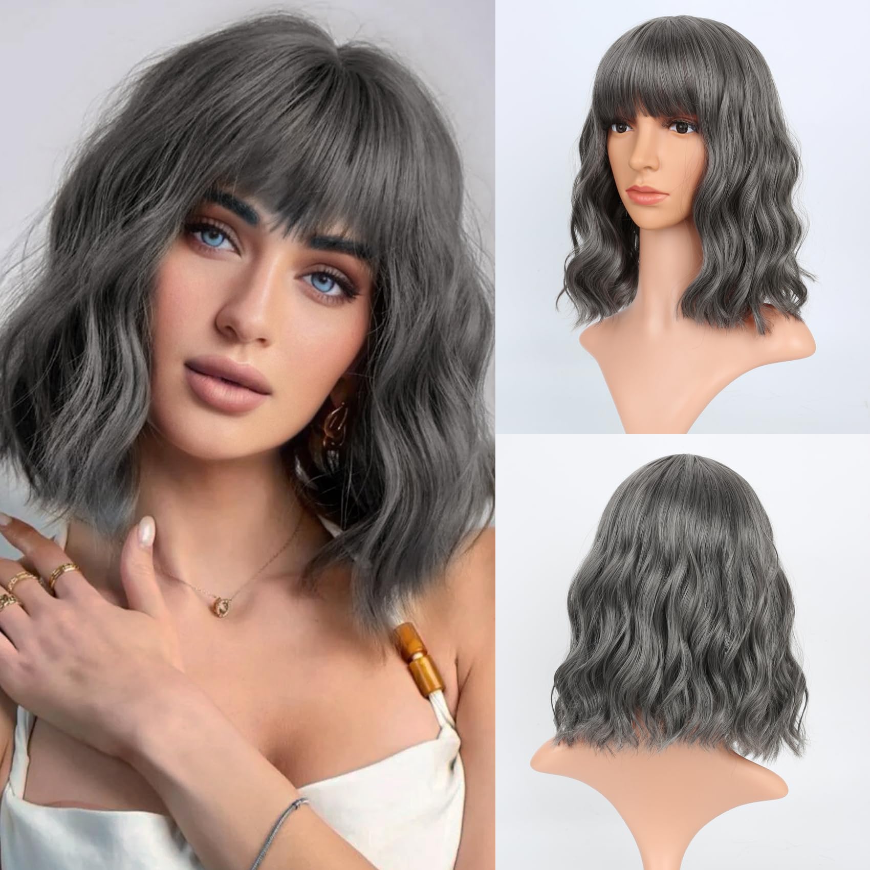Vckovcko 12Inches Loose Wave Bob Wig Wavy Grey Bob Wig With Air Bang Curly Hair Wigs Synthetic Cosplay Party Wigs For Women (12I