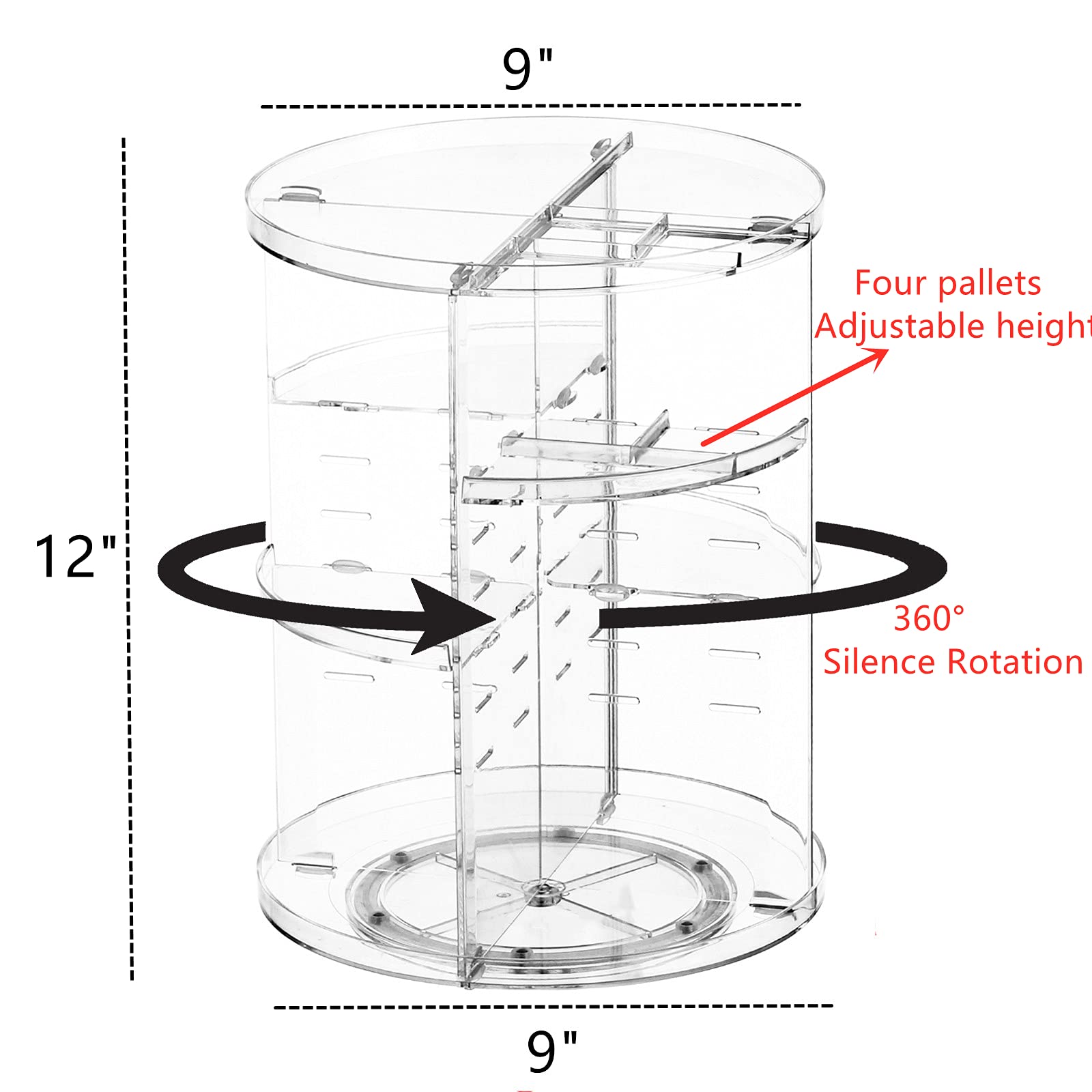 Cq Acrylic 360 Degree Rotating Makeup Organizer Countertop For Vanit,Adjustable Make Up Holder Height,Clear Plastic Spinning Ski