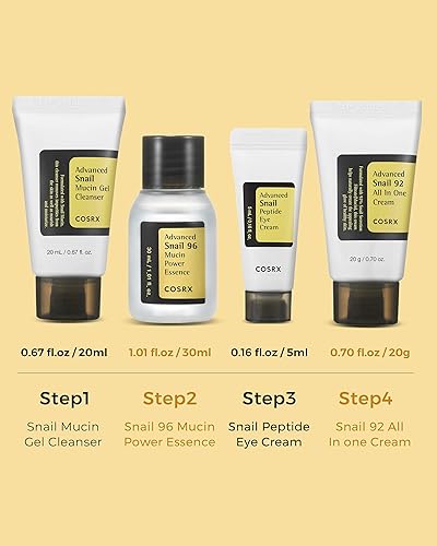 cOSRX All About Snail Korean Skincare  TSA Approved Travel Size, gift Set cleanser, Essence, cream, Eye-cream  Snail Mucin for R