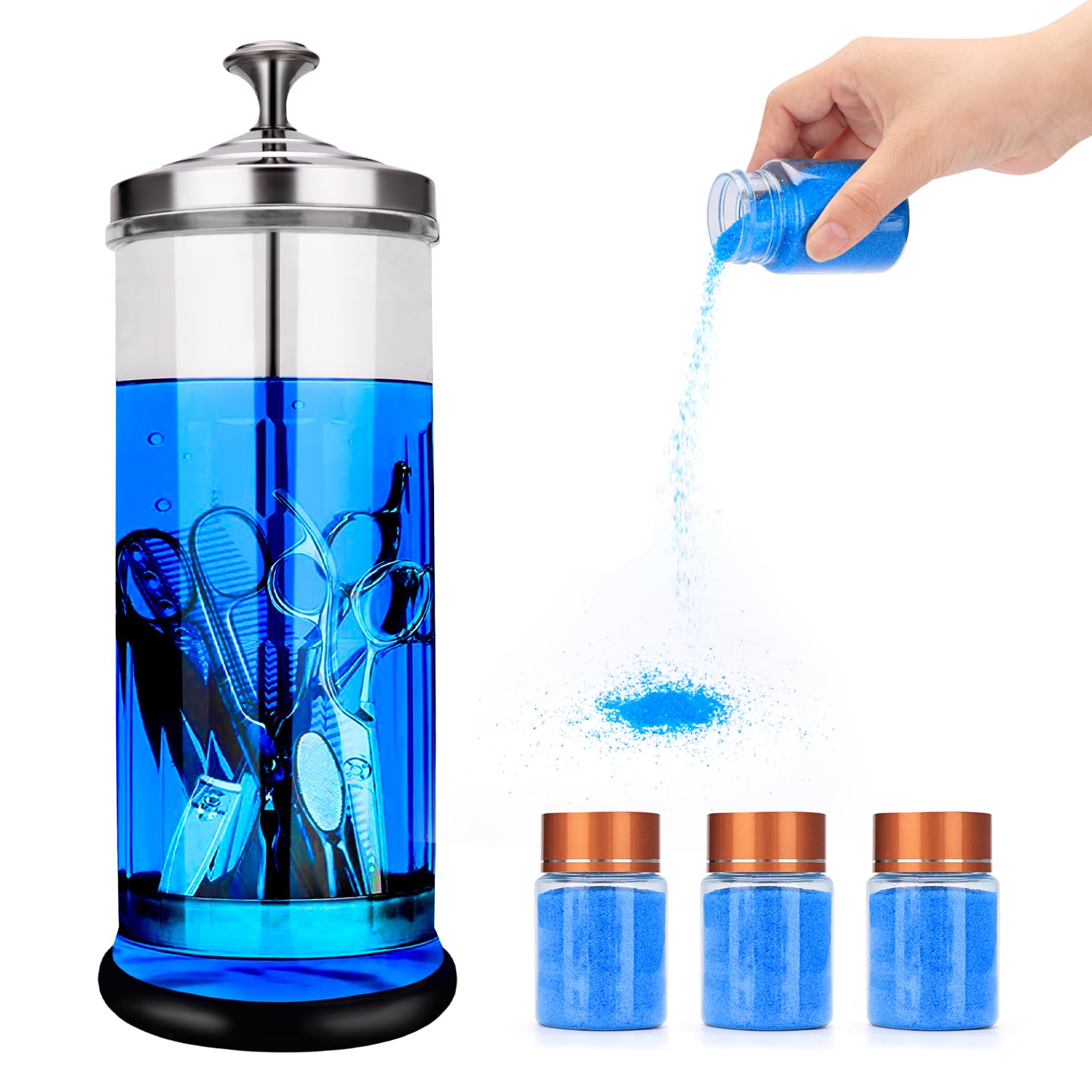 50 OZ Disinfectant Jar + 210g Disinfectant Powder (Water-Soluble), For Sterilization of Salon Barber and Nail Tools