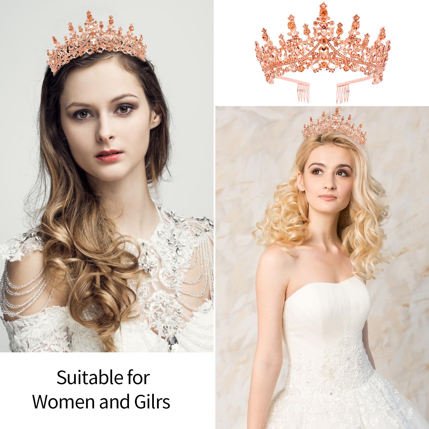 Velscrun Rose Gold Crystal Birthday Queen Tiara Crown For Women Girls Birthday Queen Headband Sash Elegant Princess Crown With C