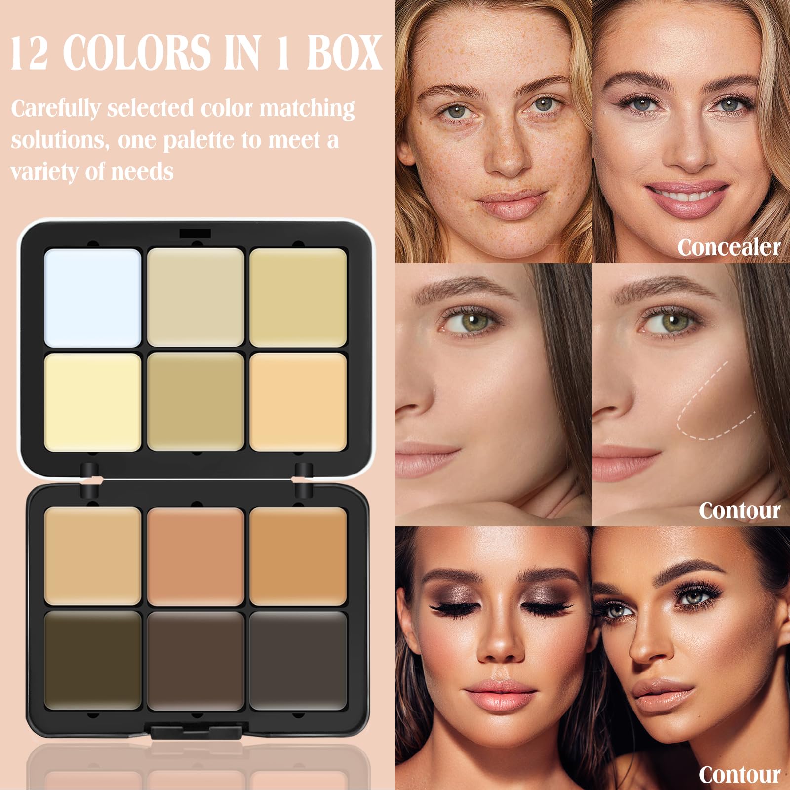 Lsxia 12 Colors Cream [Contour+Concealer] Makeup Palette For Cheeks - Multi-Functional Makeup Palette With Brush, Natural Matte