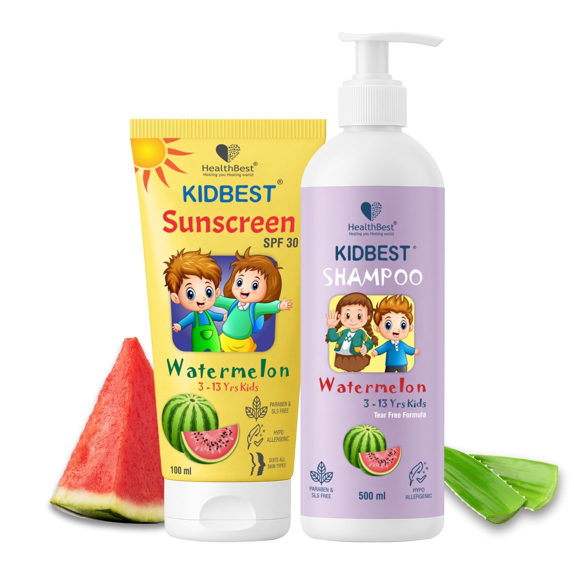 Healthbest Kids Sunscreen Spf 30 Pa+++ 100Ml & Tear Free Shampoo 500Ml Combo | Broad Spectrum Uva/Uvb Protection & Gentle Hair C