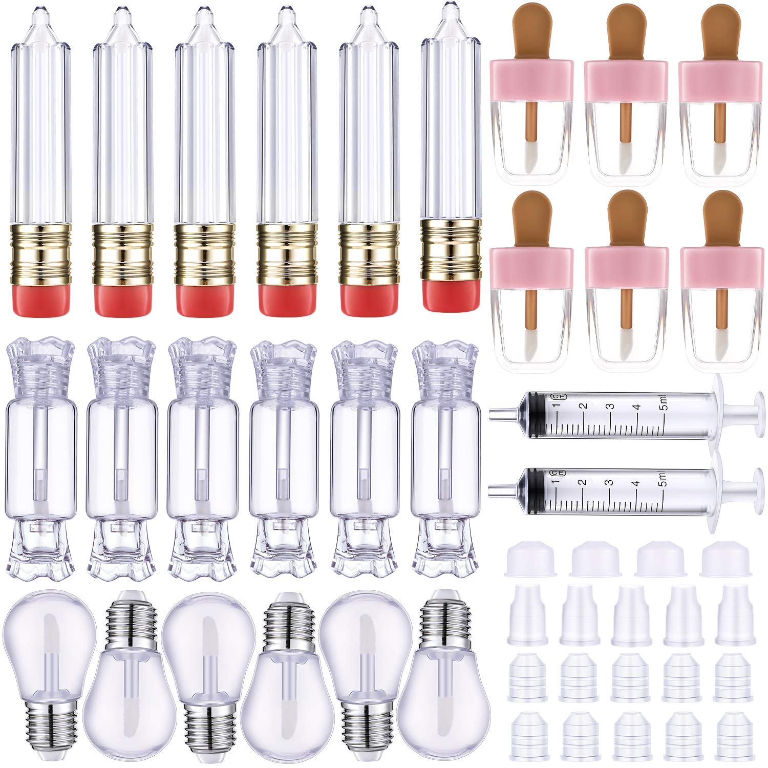 28 Pieces Transparent Empty Lip Gloss Tube Containers, Include 24 Pencil and Candy Shaped Oil Bottles, Ice Cream Funny Light Bul