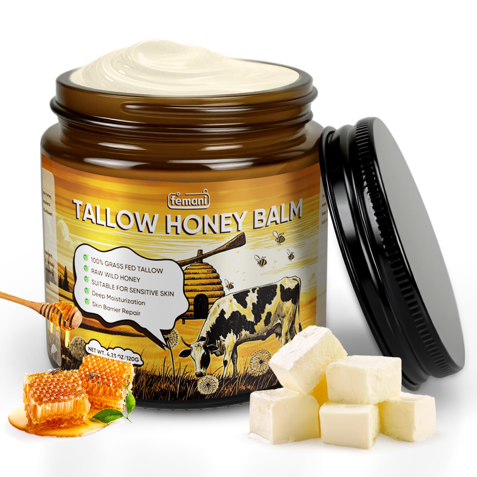 Beef Tallow for Face & Body - 4 Oz Organic Grass-Fed Beef Tallow Balm with Raw Honey Blend - Moisturizing Cream for Soft, Smooth