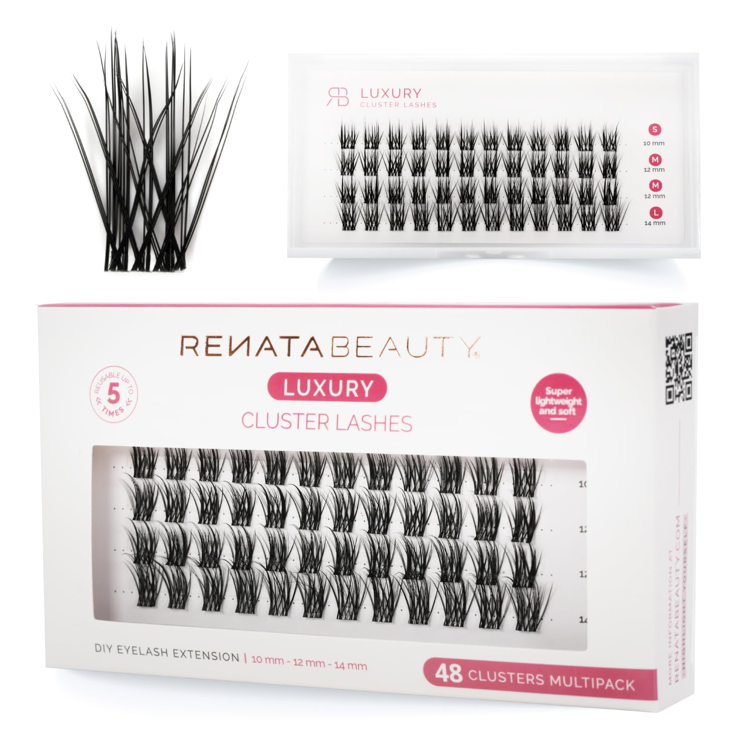 Renata Beauty Luxury Lashes - 48-Multipack Cluster Lashes for Luxurious Look - DIY Eyelash Extension at Home - Reusable Soft Las