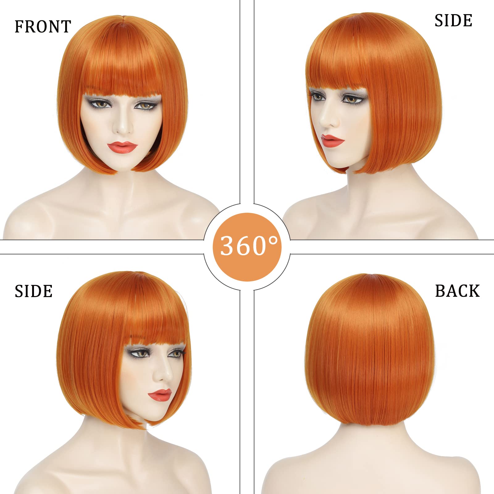 Ybymcai Orange Bob Wig For Women Short Ginger Bob Wig With Bangs Straight Bob Bangs Wig 10 Inch Heat Resistant Synthetic Hair Na