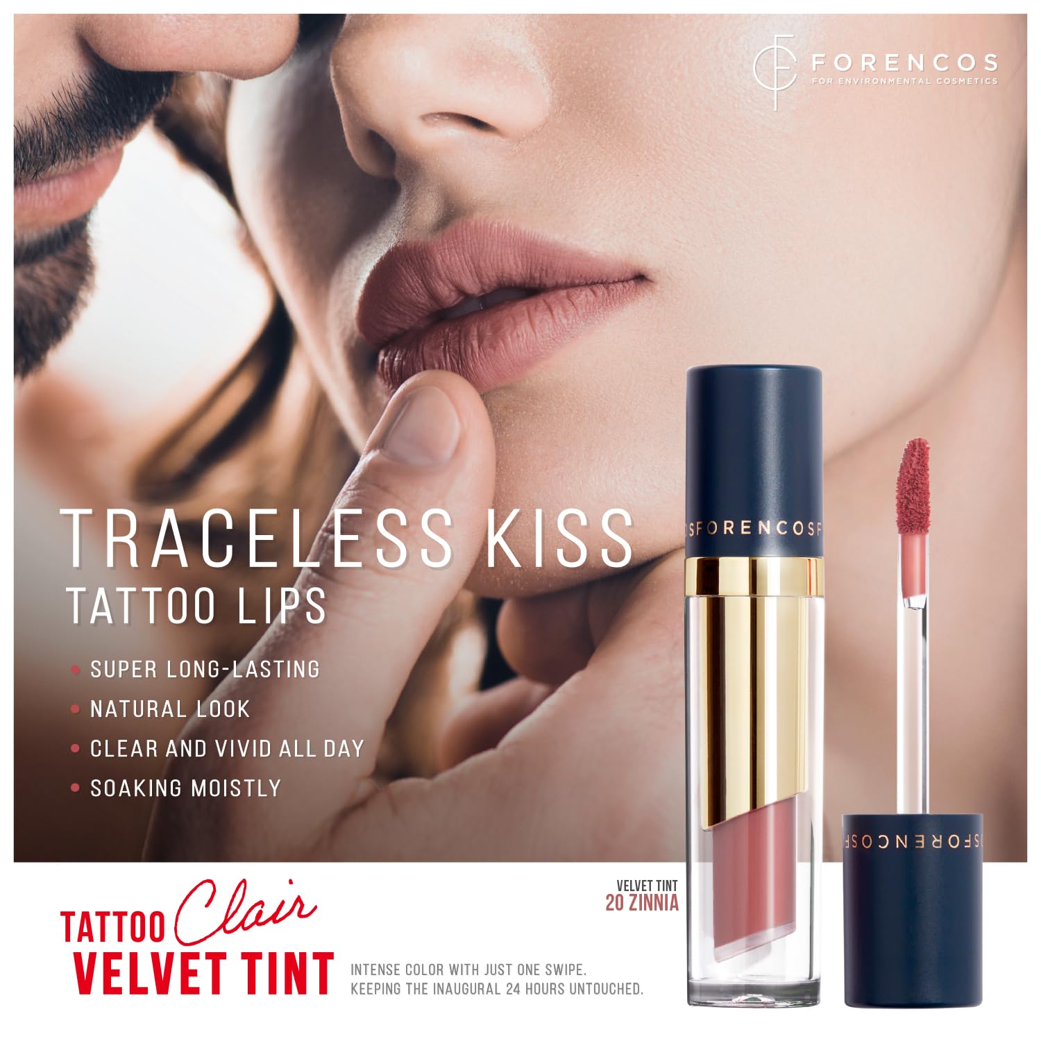 Forencos Tattoo Clair Velvet Lip Stain/Tint, Korean Long-Lasting, High Pigment, Weightless, Waterproof (20 Zinnia)