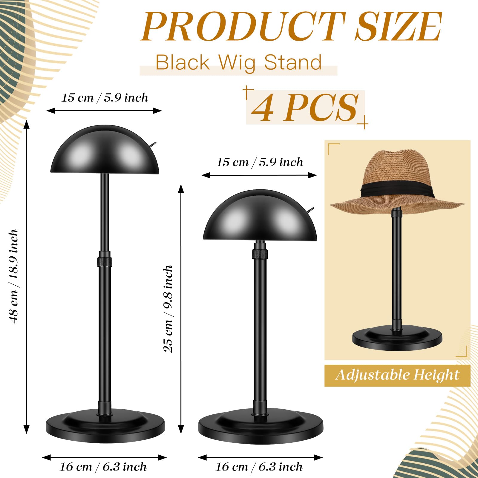 Tatuo 4 Pcs Wig Holders, 9.8-18.9 Adjustable Height Wig Head Stand Portable Hat Display Holder Storage for Multiple Travel Wigs