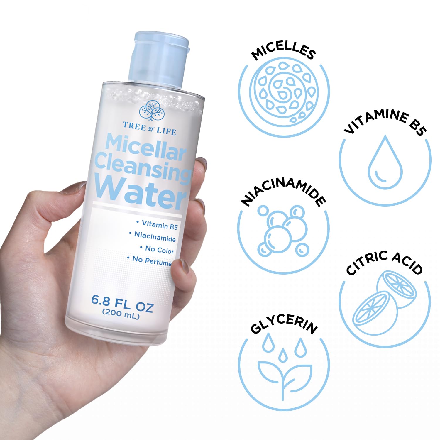 Tree of Life Beauty Micellar Cleansing Water (6.8fl oz) - Micellar Water Makeup Remover with Niacinamide, Vitamin B5, Glycerin -