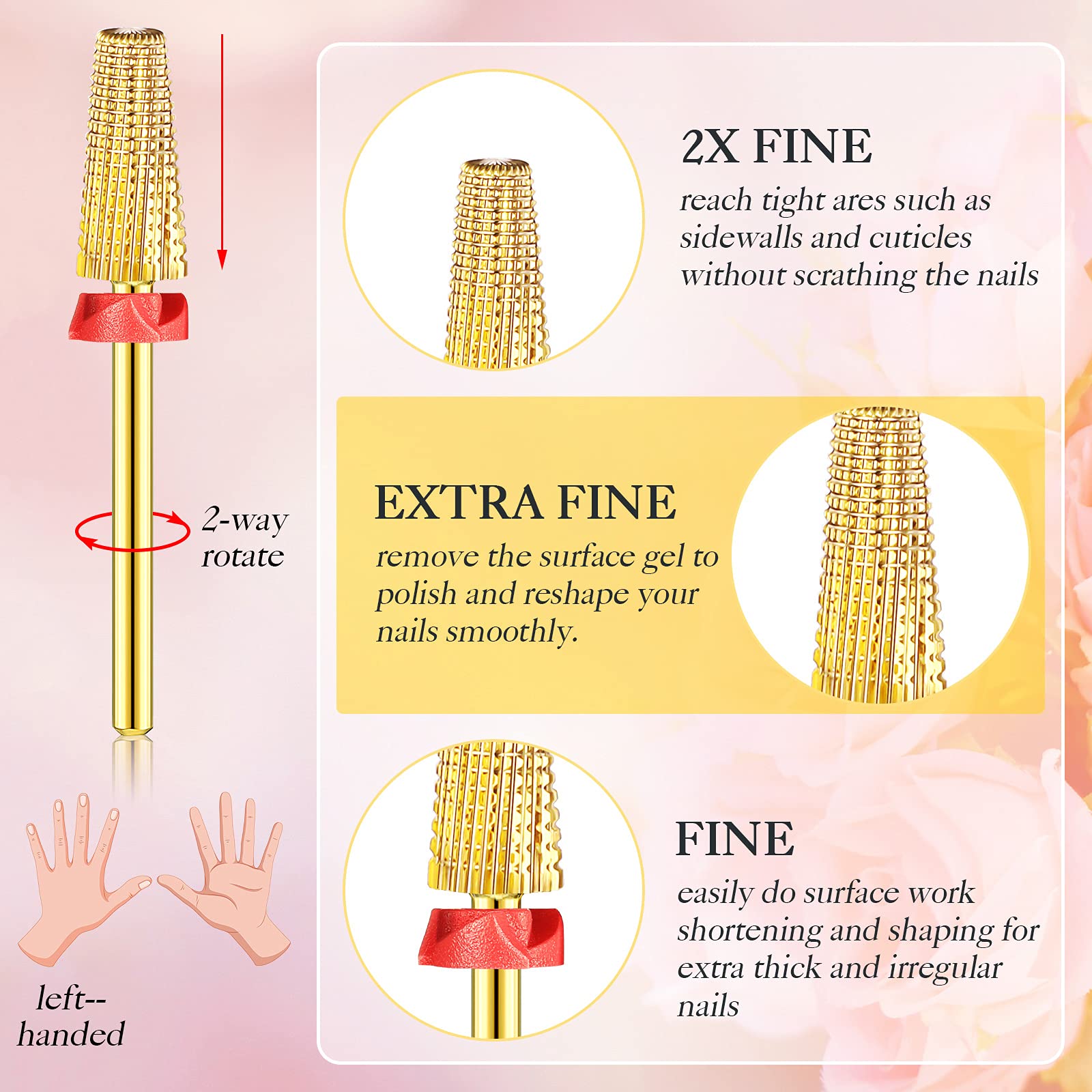 Honoson 3 Pcs Carbide 5 in 1 Nail Drill Bit Set Two Way Rotate Use for Both Left and Right Handed