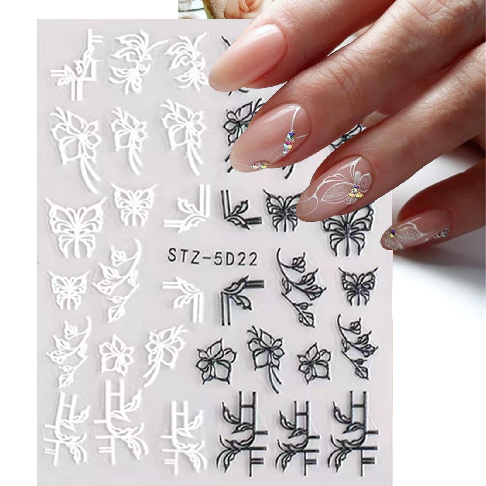Votacos 6 Sheets White Flower Nail Art Stickers Decals 5D Embossed Nail Decals Spring Winter Nail Art Design Self-Adhesive Nail