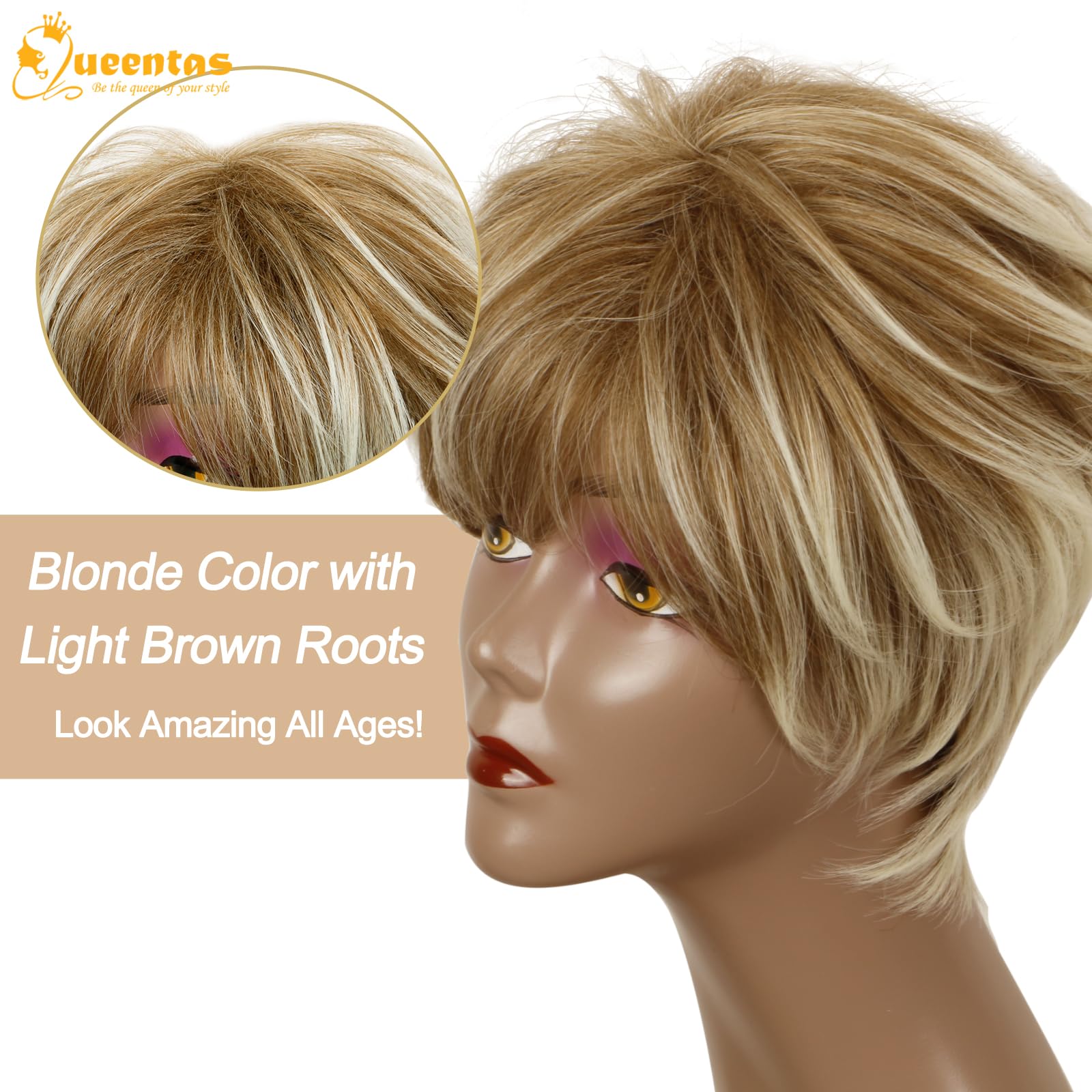 Queentas Pixie Layered Short Blonde Wigs For White Women Black Women Synthetic Hair (Blonde Mixed Brown)