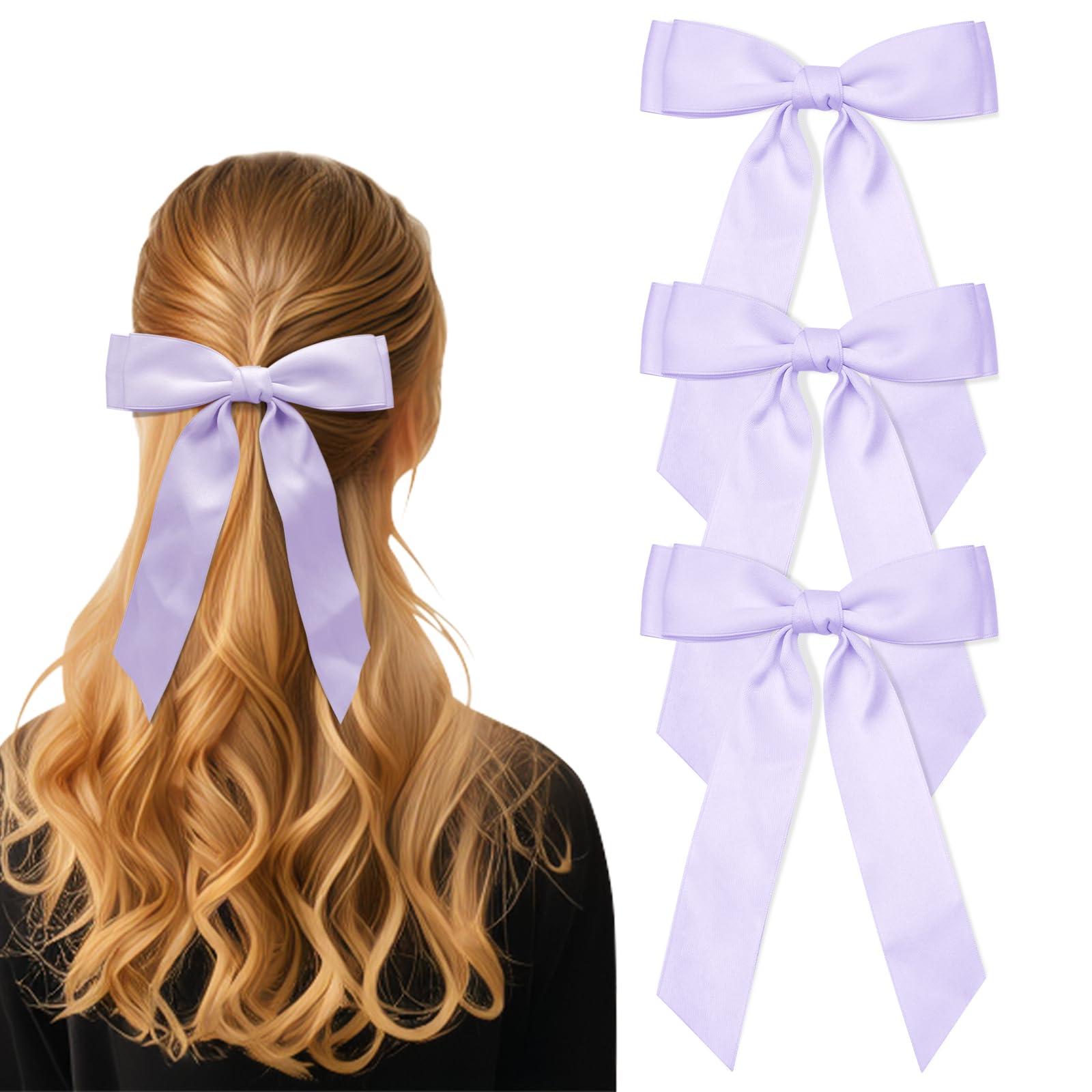 3Pcs Purple Hair Bows for Women Double-Layer Long Tail Bow Hair Clip Hair Ribbon Ponytail Holder Hair Accessories for Girls Todd