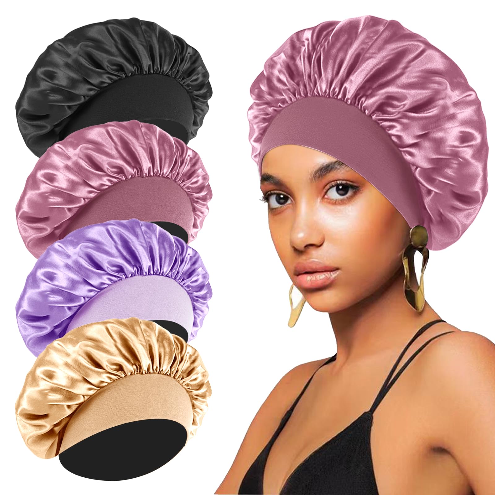 4Pcs Silk Bonnet For Sleeping,Hair Wrap Satin Bonnets Shower Cap For Black Women Men, Elastic Wide Band Hair Bonnet Cap For Slee