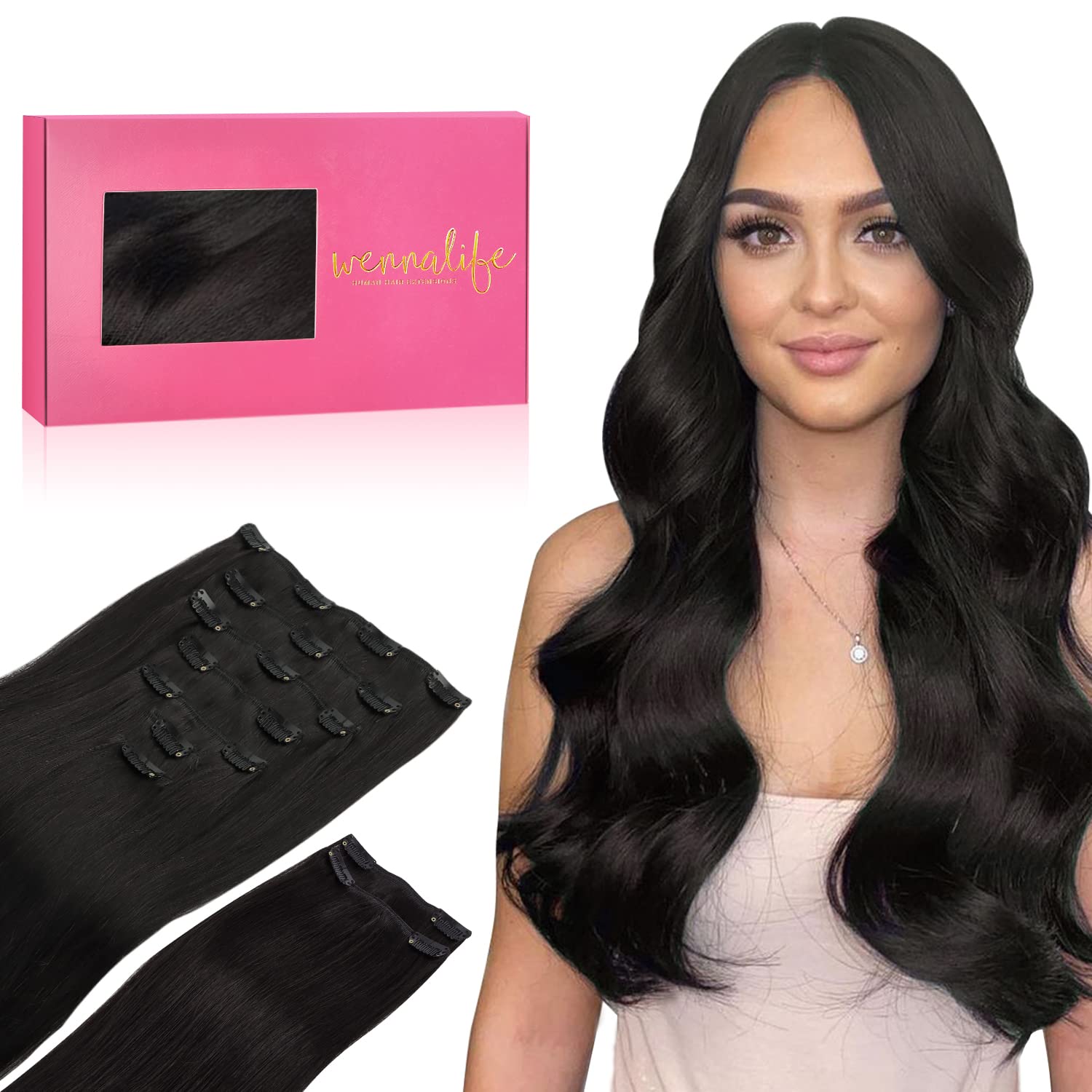 Wennalife Clip In Hair Extensions, 150G 20 Inch 9Pcs Natural Black Human Hair Extensions Thicker Clip In Hair Extensions Real Hu