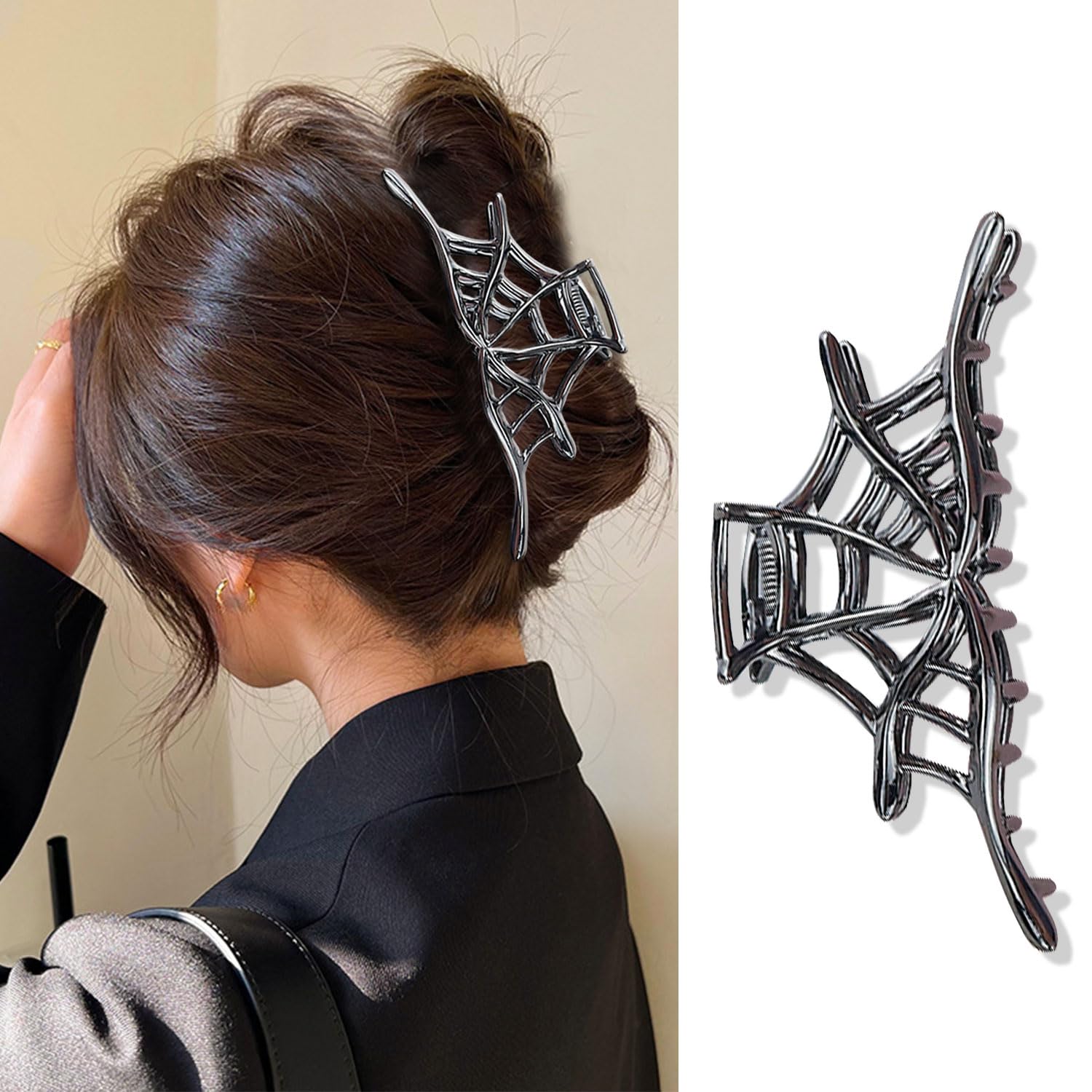 Spider Web Metal Hair Claw Clips - Alloy Punk & Y2K-Style Hair Accessory for Thin Hair (Black)