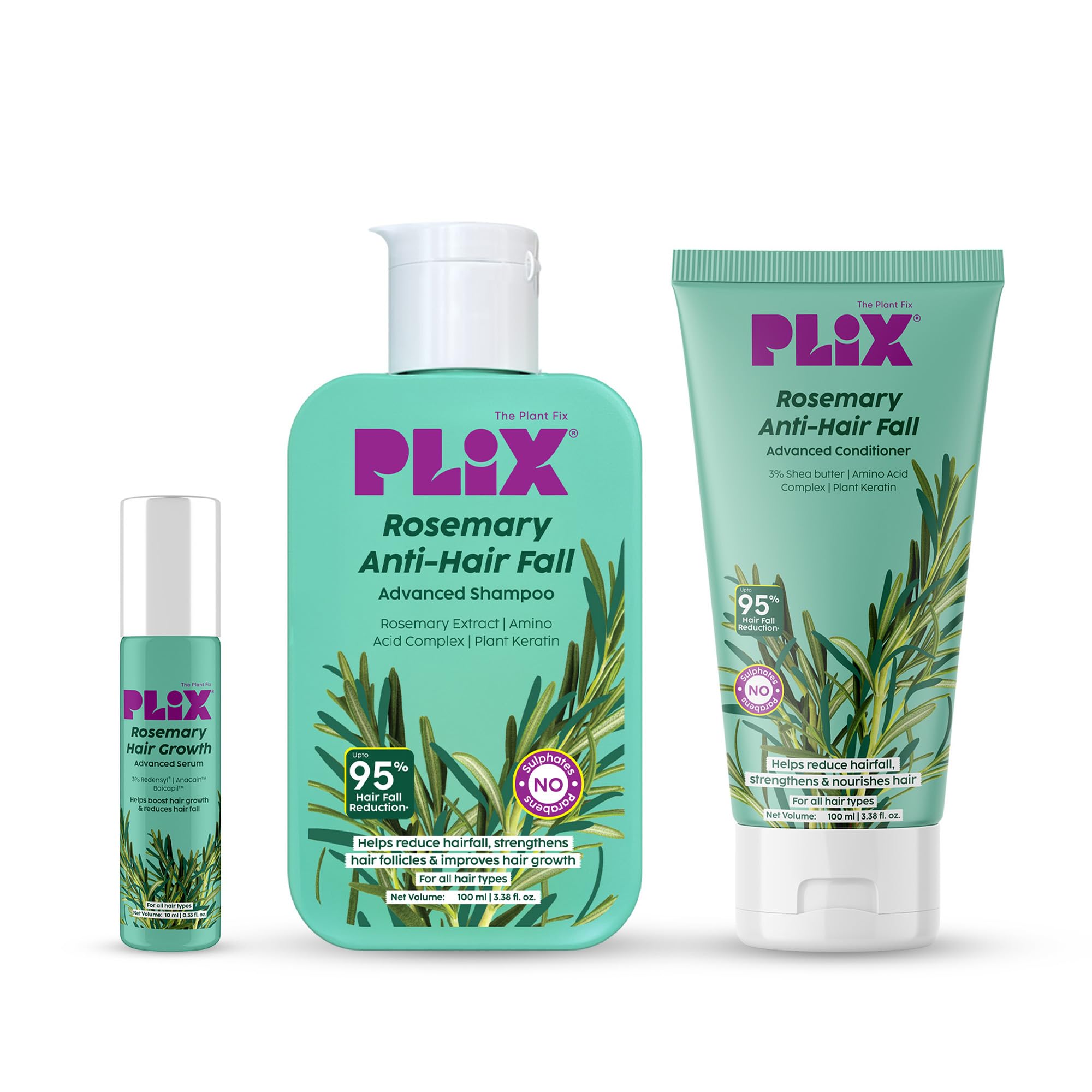Plix  The Plant Fix Rosemary Anti Hairfall Advanced Kit | RollOn Serum (10Ml) + Shampoo (100Ml) + Conditioner (100Ml) | Reduce