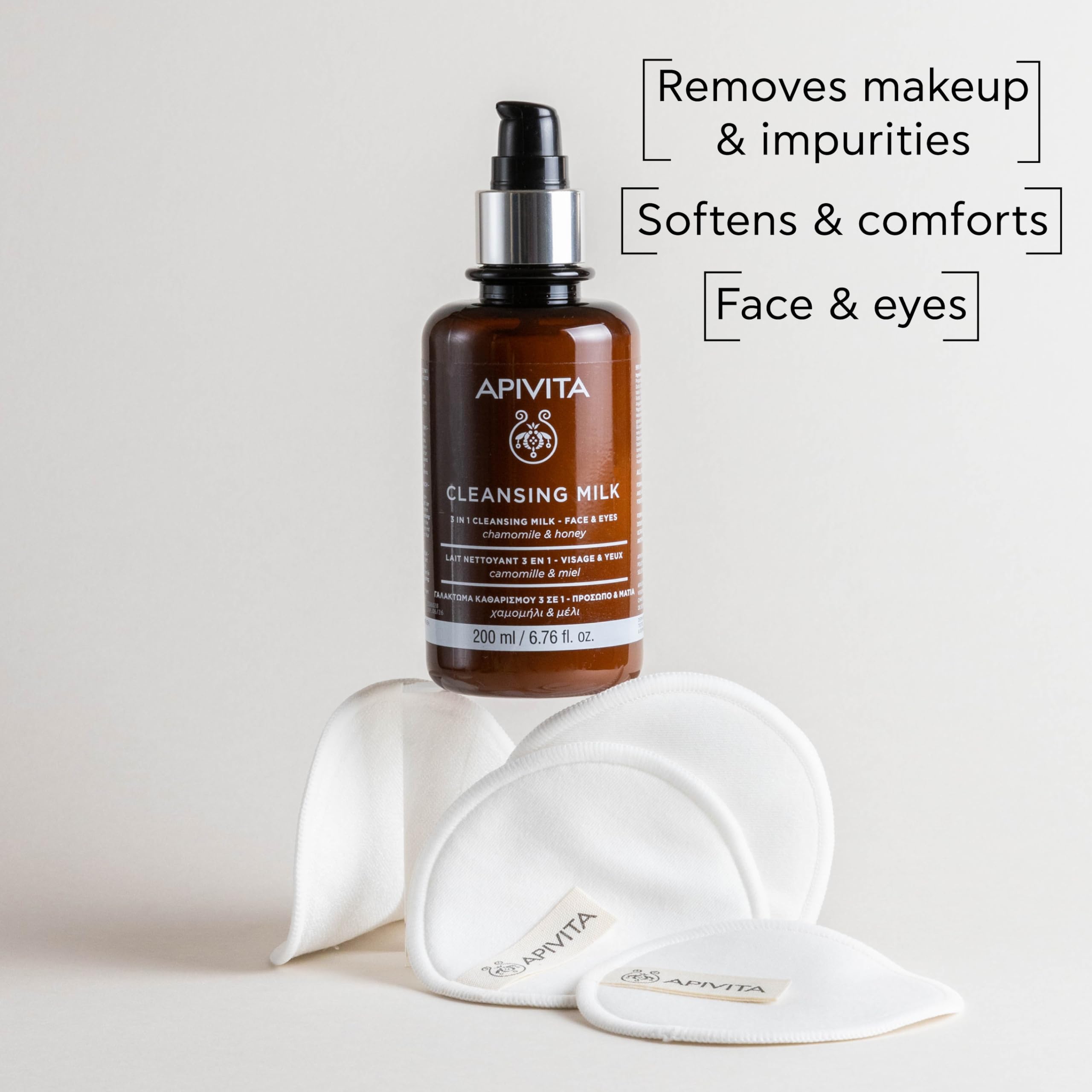 Apivita 3 In 1 Cleansing Lotion, Gentle Facial Cleanser, Makeup Remover & Toner With Chamomile And Honey- Softens, Revitalizes &