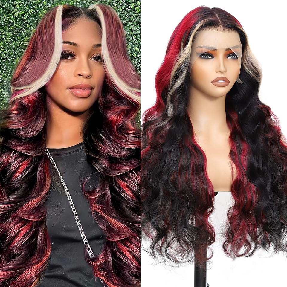 Aolvoblees Red Blonde Black Skunk Stripe Human Hair Wig 250% Density Highlights Burgundy Ombre 13X4 Body Wave HD Lace Front Fron