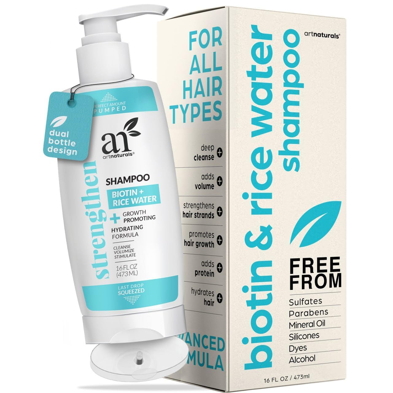 Artnaturals Rice Water + Biotin Shampoo - (16 Fl Oz / 473ml) - Sulfate Free - Dual Bottle -Made with Banana, Quinoa, and Coconut