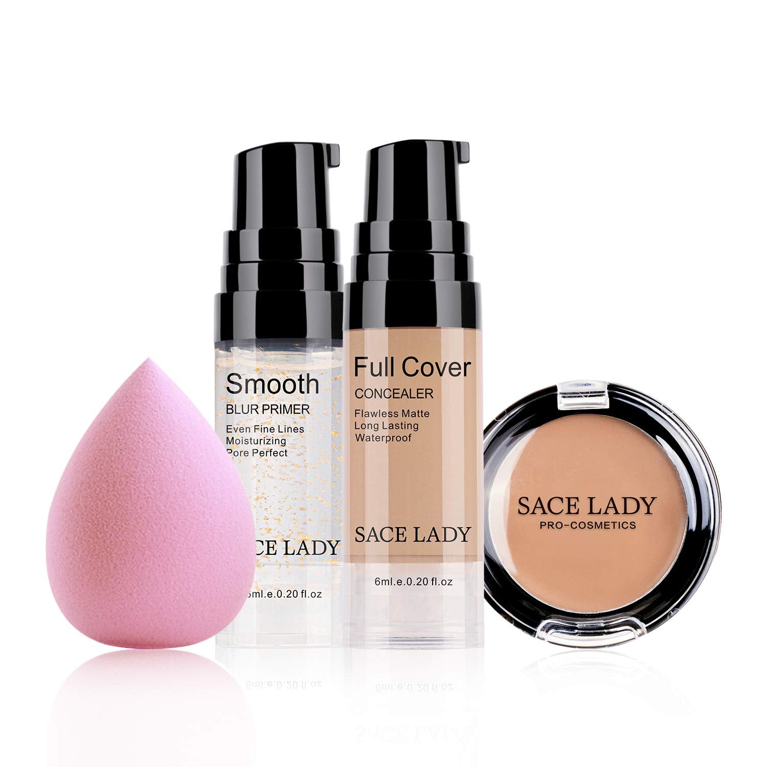 Waterproof Full Coverage Concealer With Primer Sponge Set, Smooth Matte Flawless Creamy Liquid Foundation Corrector Makeup Kit F