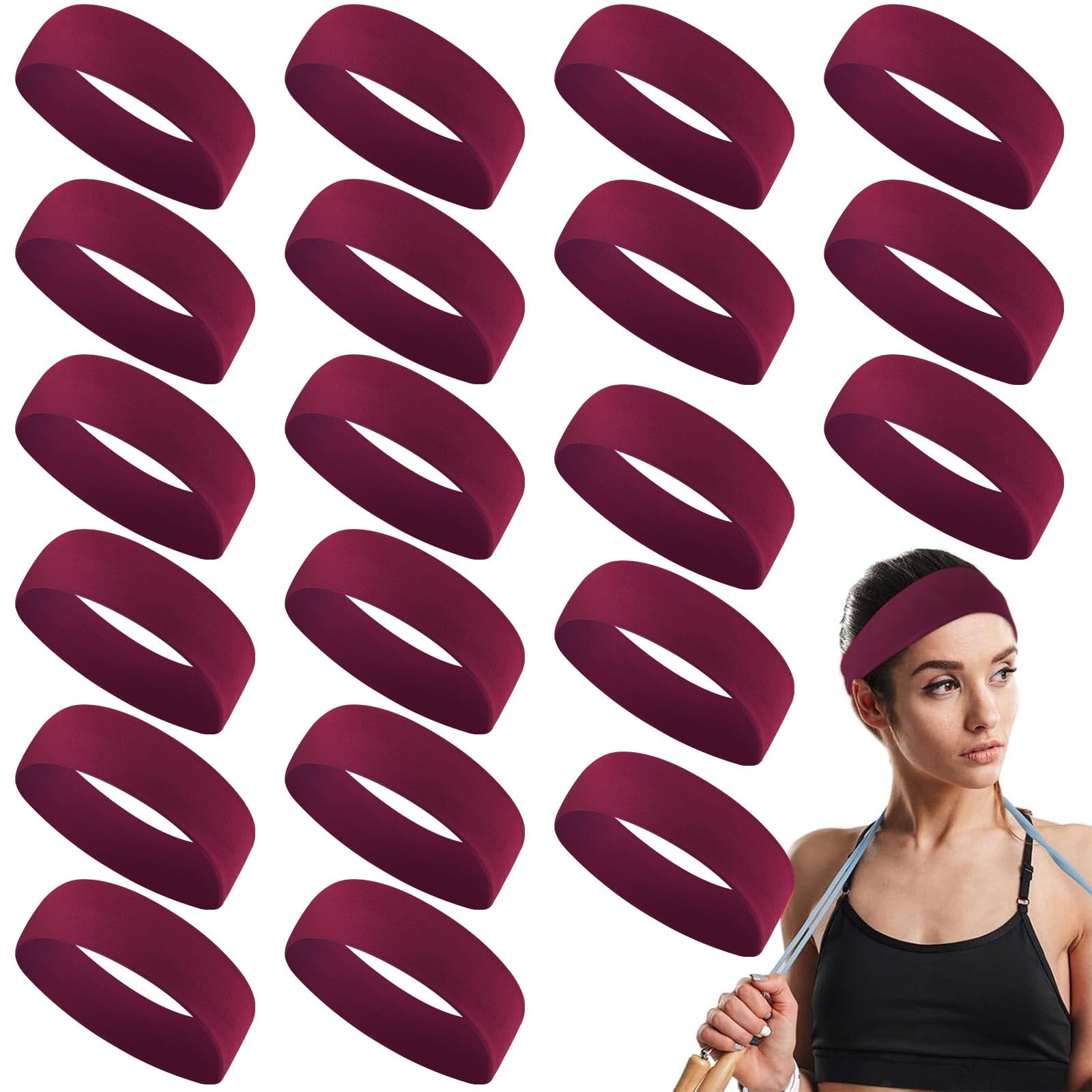 Hotop 20 Pcs Sport Stretchy Headbands for Girls Women Non Slip Soft Fabric Elastic Headband Bulk for Yoga DIY Team Gifts(Burgund