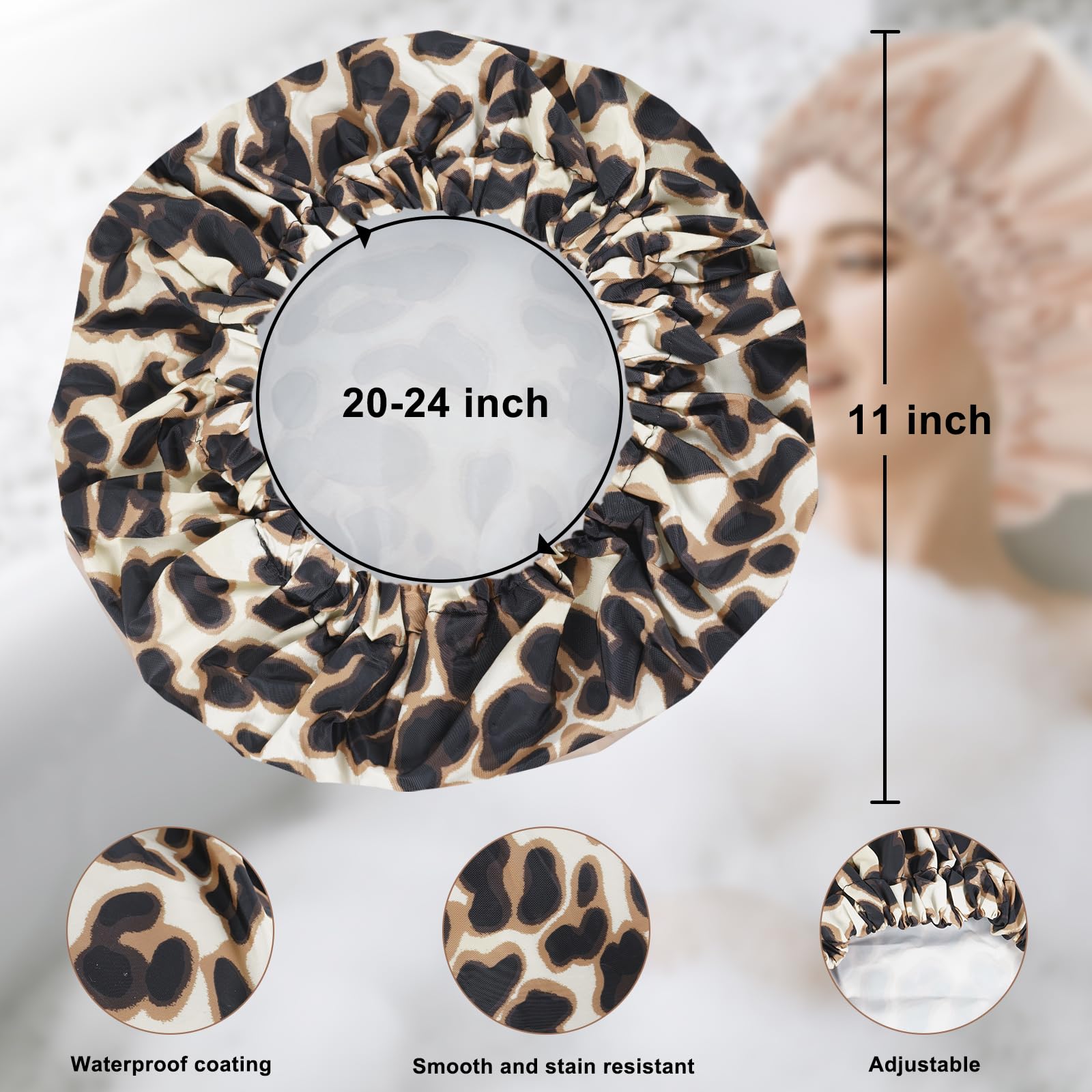 Reusable Shower Cap For Women, Large Waterproof Shower Bonnet Washable Elastic Band Bath Hair Hat For Long Hair, Braids(Leopard)