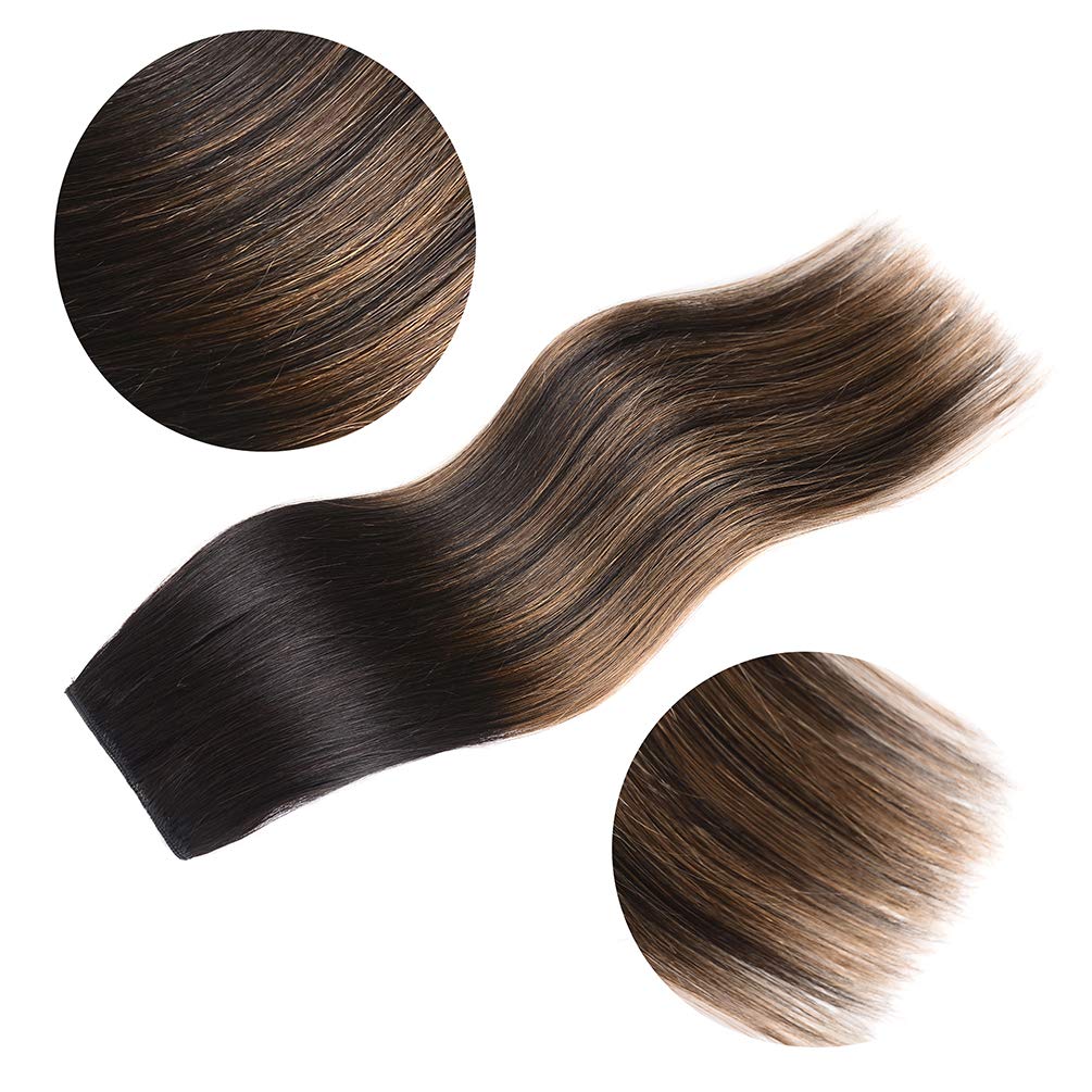 5 Pieces 16'' Remy Clip In Hair Extensions Human Hair Natural Black To Chestnut Brown Highlight Black Ombre - Silky Straight Sho