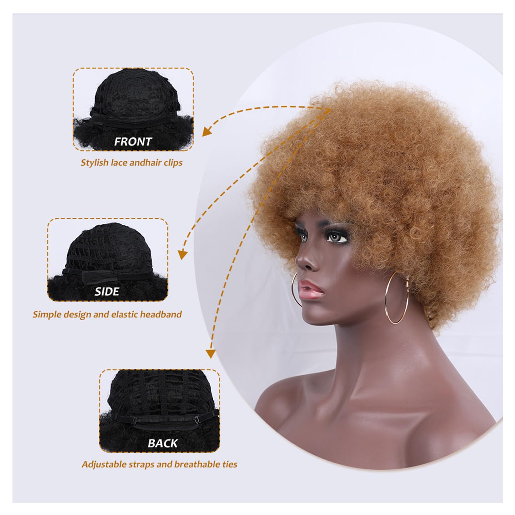 Kavsni Wig 70'S Curly Wigs For Black Women Large Bouncy Fluffy And Soft Natural Looking Afro Kinky Wig 8 Inches (Gold Hoop Earri