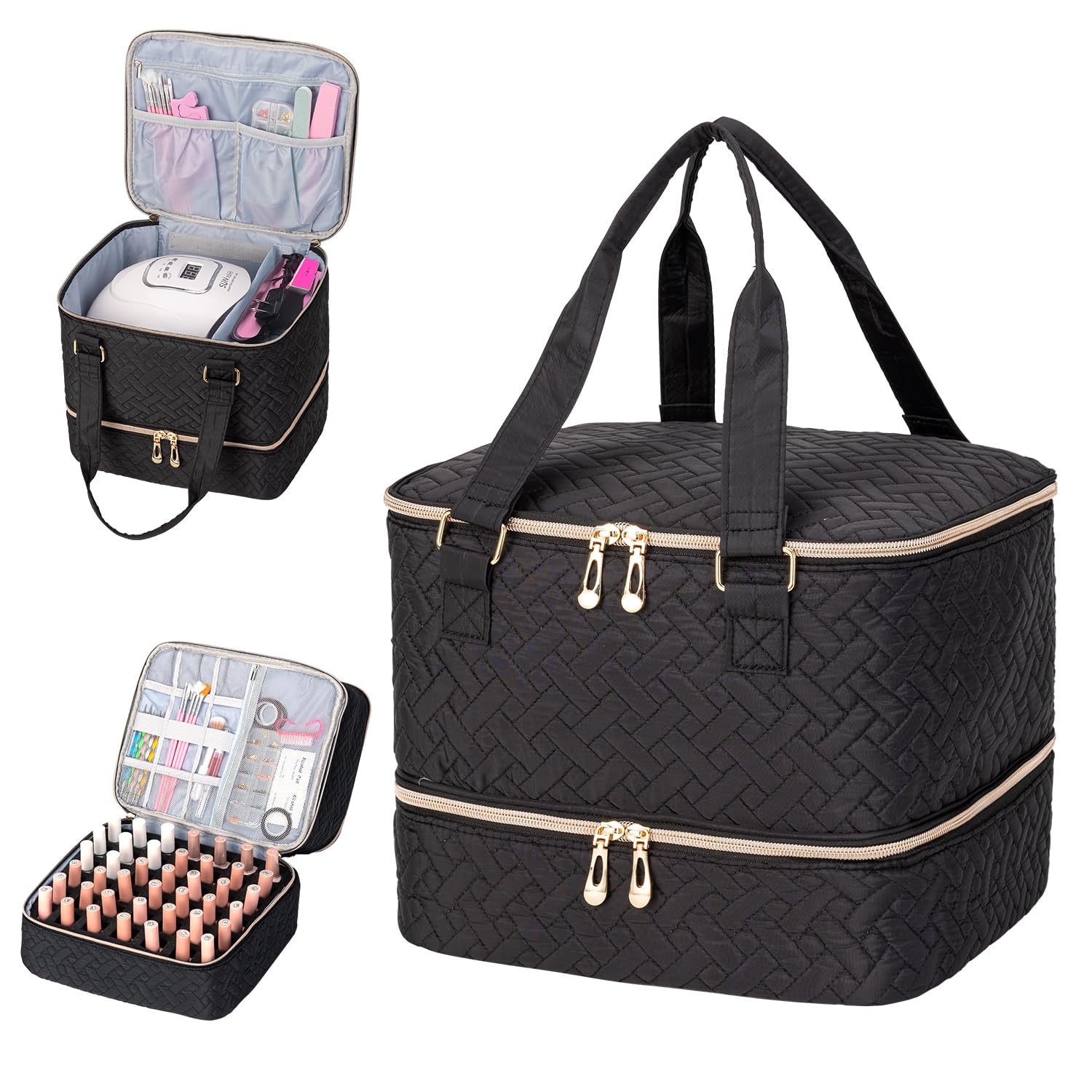 KGMCARE Nail Polish Organizer, Double Layer Nail Polish Storage Bag Gel Nail Polish Carrying Case Holds 42 Bottles with Nail Dry