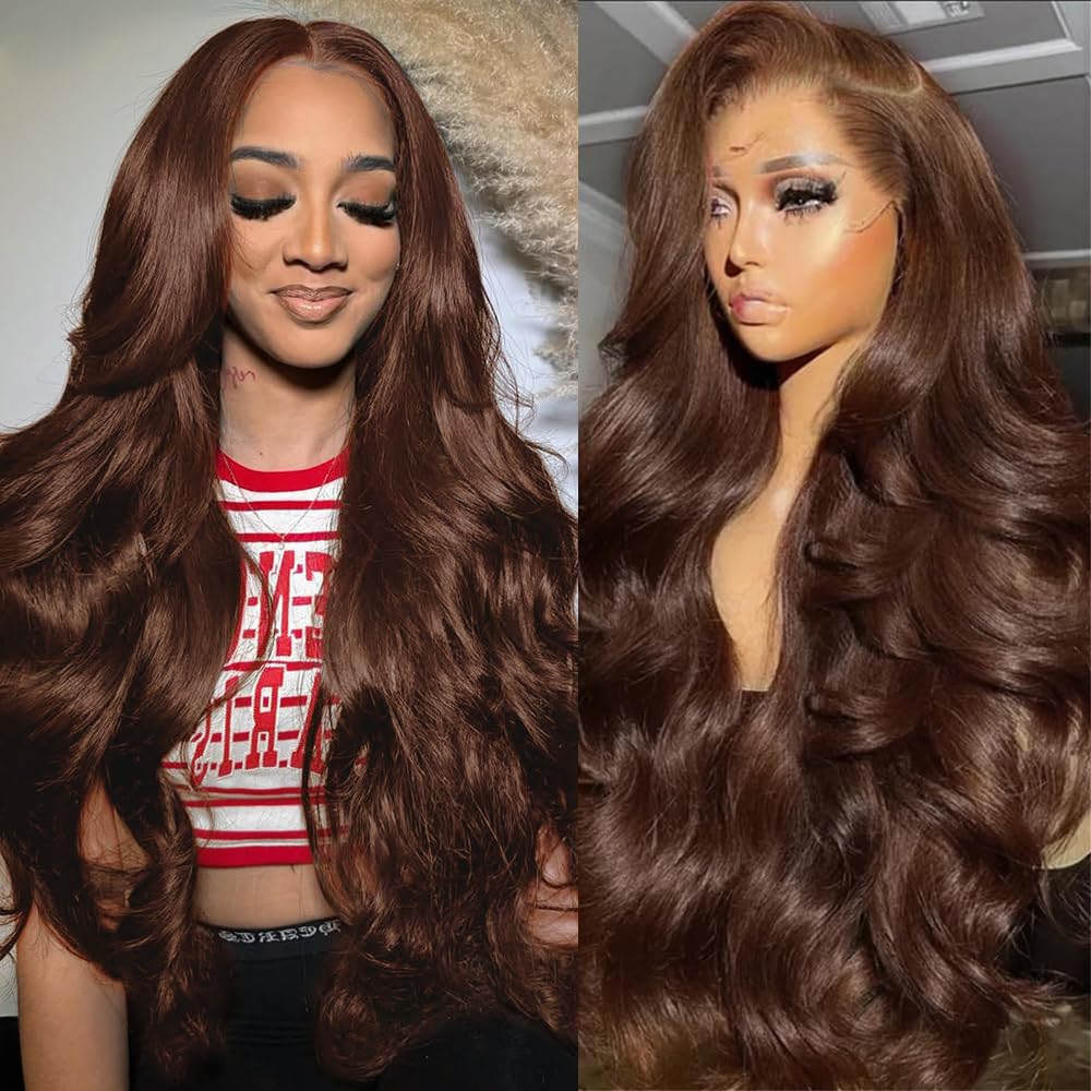 Aolvoblees 24 Inch Chocolate Brown 13x4 HD Lace Front Wigs Human Hair Body Wave Frontal Glueless Brown Wigs Human Hair Pre Pluck
