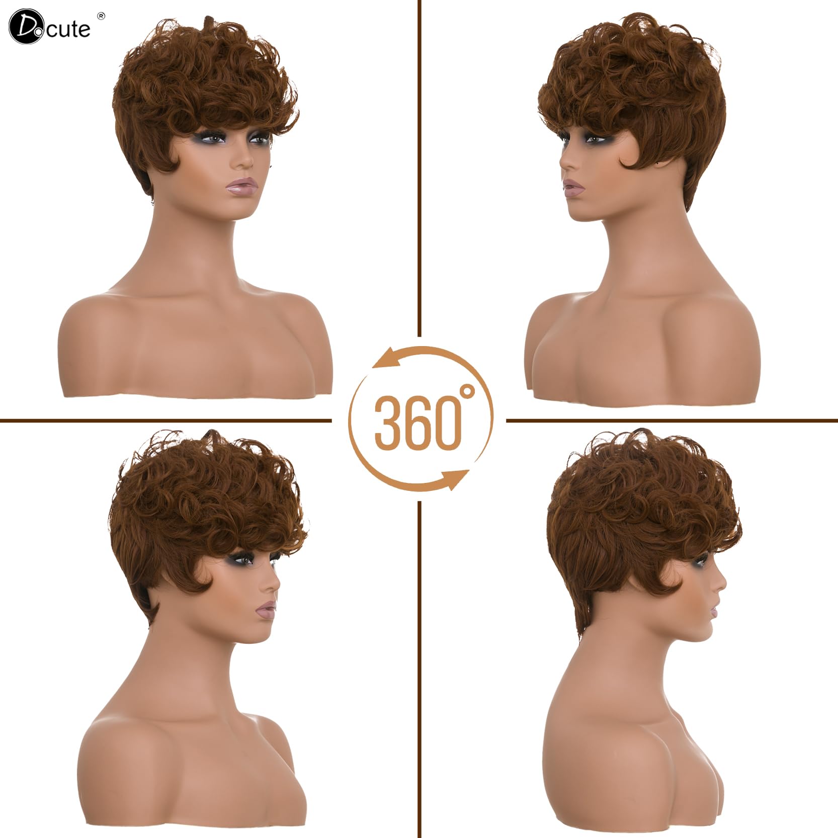 Docute Brown Short Pixie Wigs For Black Women Daily Replacement Wig Brown Pixie Cut Wig With Bangs Short Curly Wigs For Black Wo