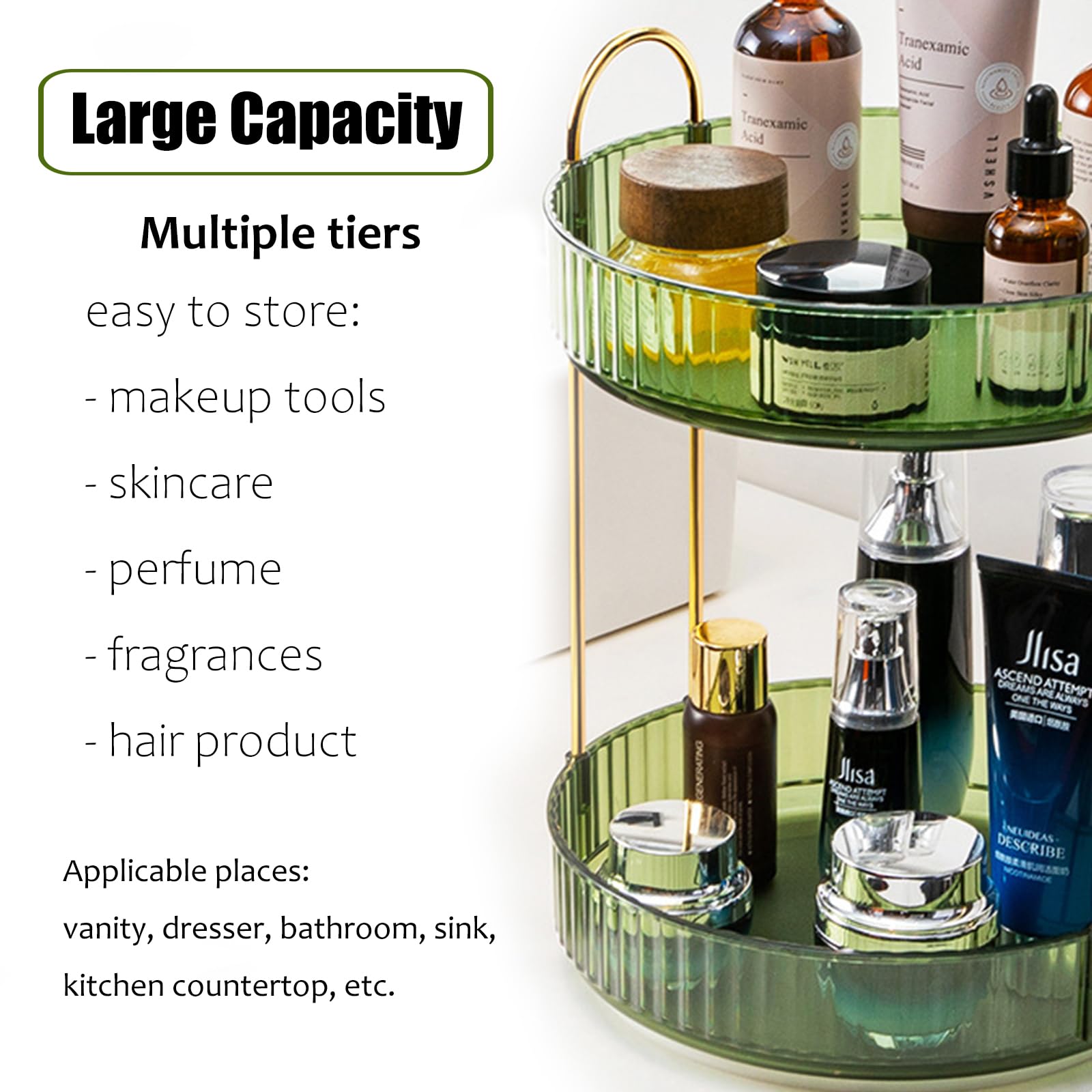 Zufudo Rotating Makeup Organizer 2 Tier Lazy Susan Trays Skincare Perfume Organizer For Bathroom Counter Vanity, Green Gold