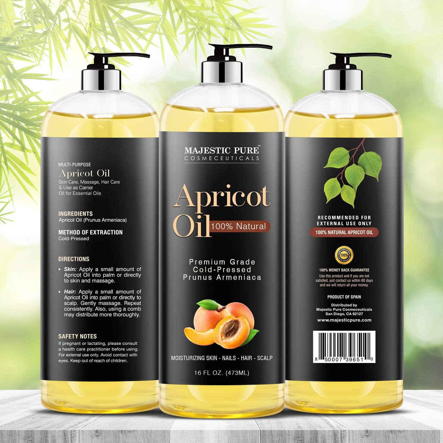 Majestic Pure Apricot Oil, 100% Pure And Natural, Cold-Pressed, Apricot Kernel Oil, Moisturizing, For Skin Care, Massage, Hair C