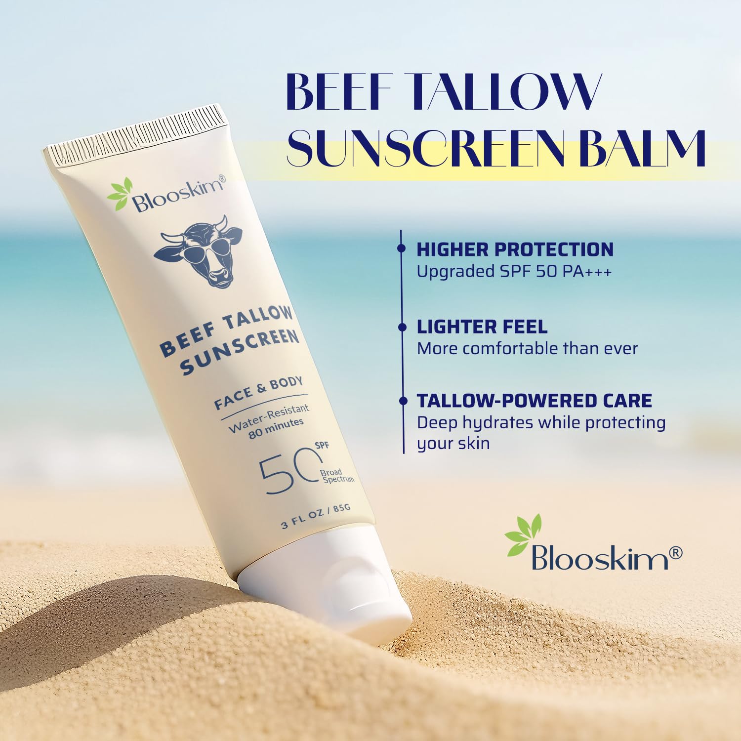 Beef Tallow Sunscreen SPF 50: Natural Tallow & Zinc Oxide Sunblock Cream for Face & Body - Sun Protection with Non Greasy Formul