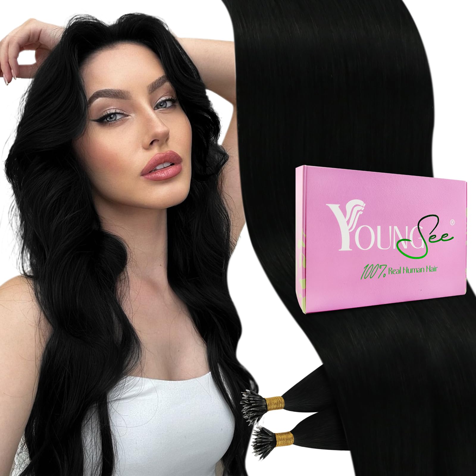YoungSee Nano Bead Hair Extensions Human Hair Black Nano Extensions Human Hair Jet Black Nano Tip Hair Extensions Silky Straight