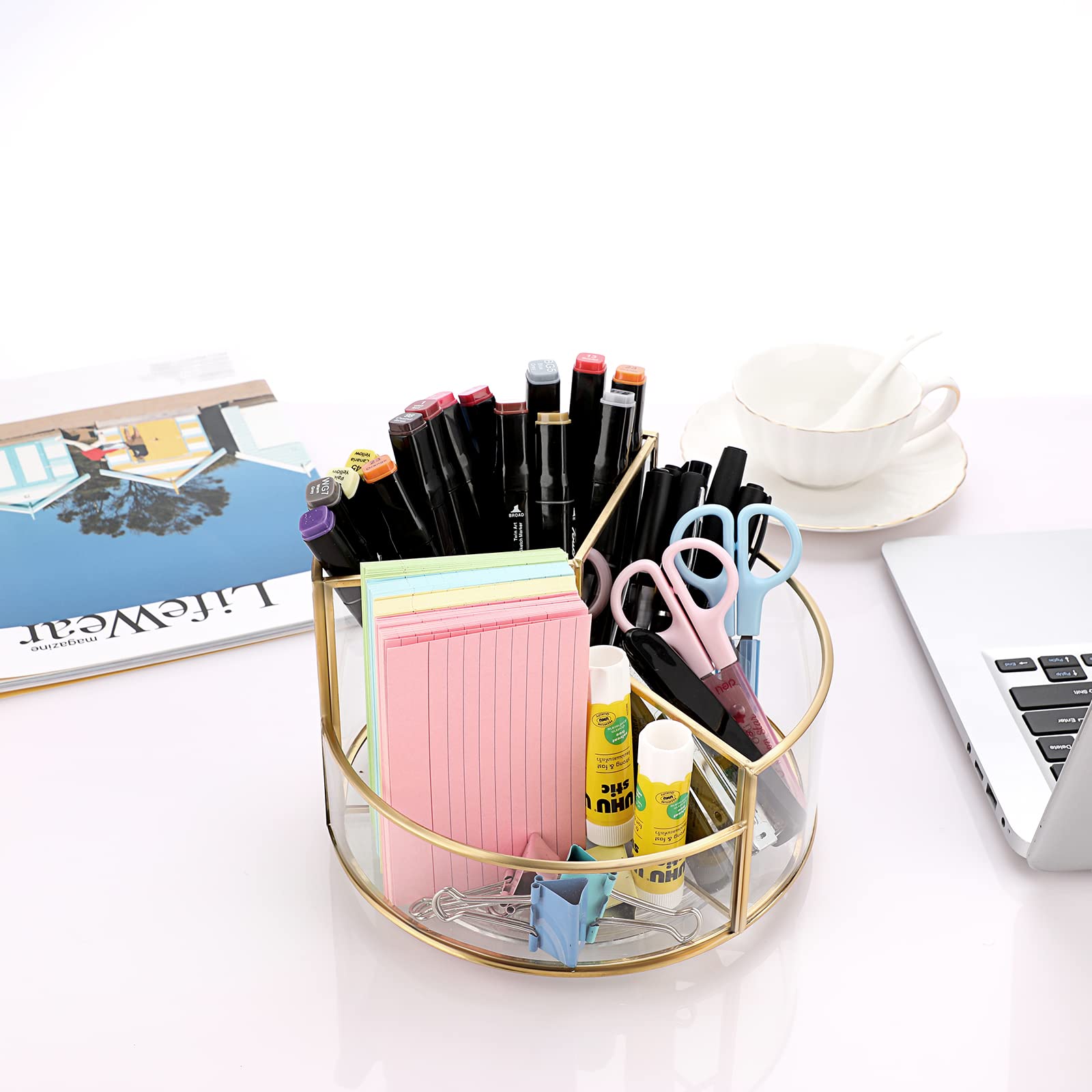 Hipiwe 360 Rotating Makeup Organizer 3-Slot Gold Glass Spinning Cosmetic Display Case Round Vanity Storage Holder Dresser Bathro